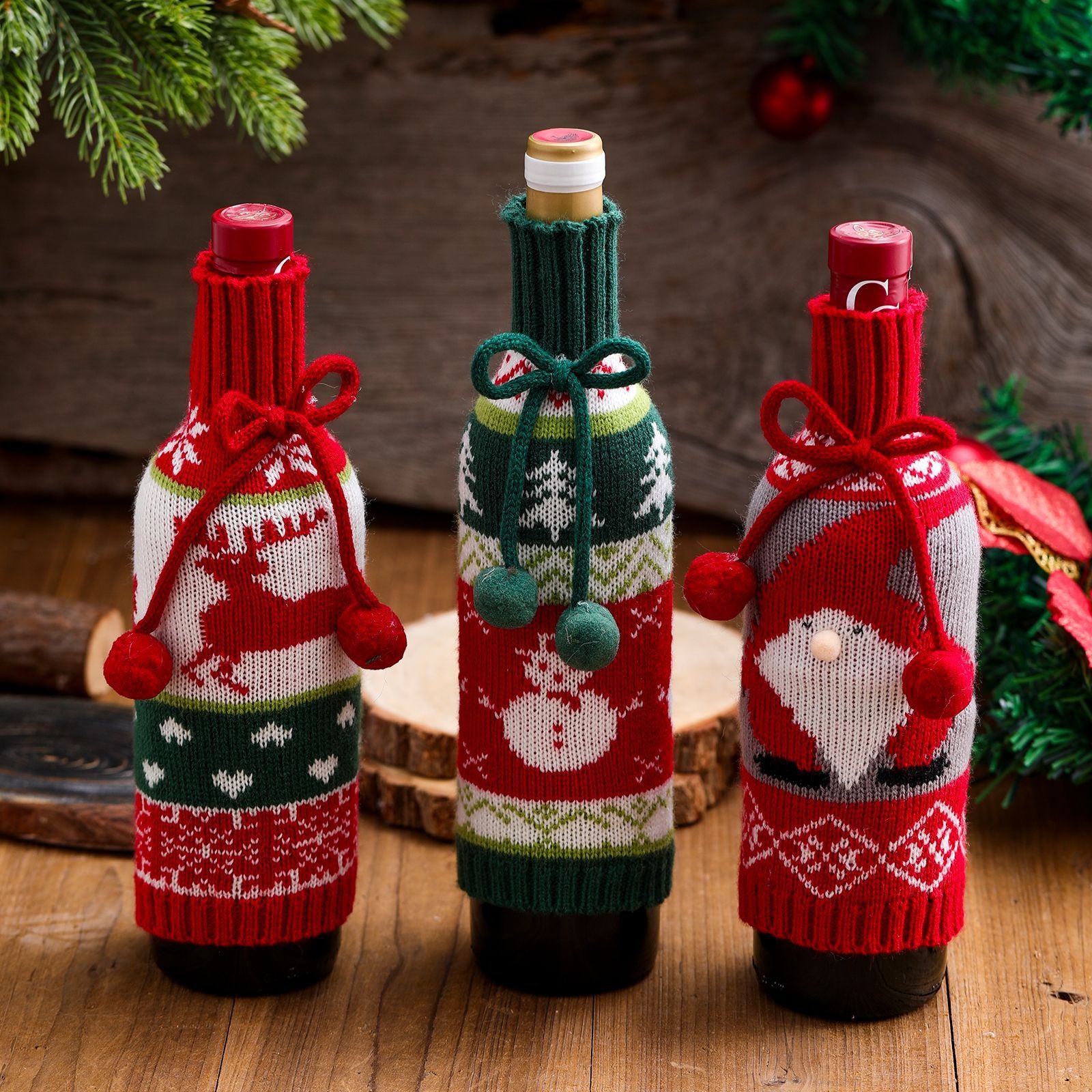 Hairball bow wine bottle set reindeer elderly man snowman knitted red wine set decorative gift ornament — image 8