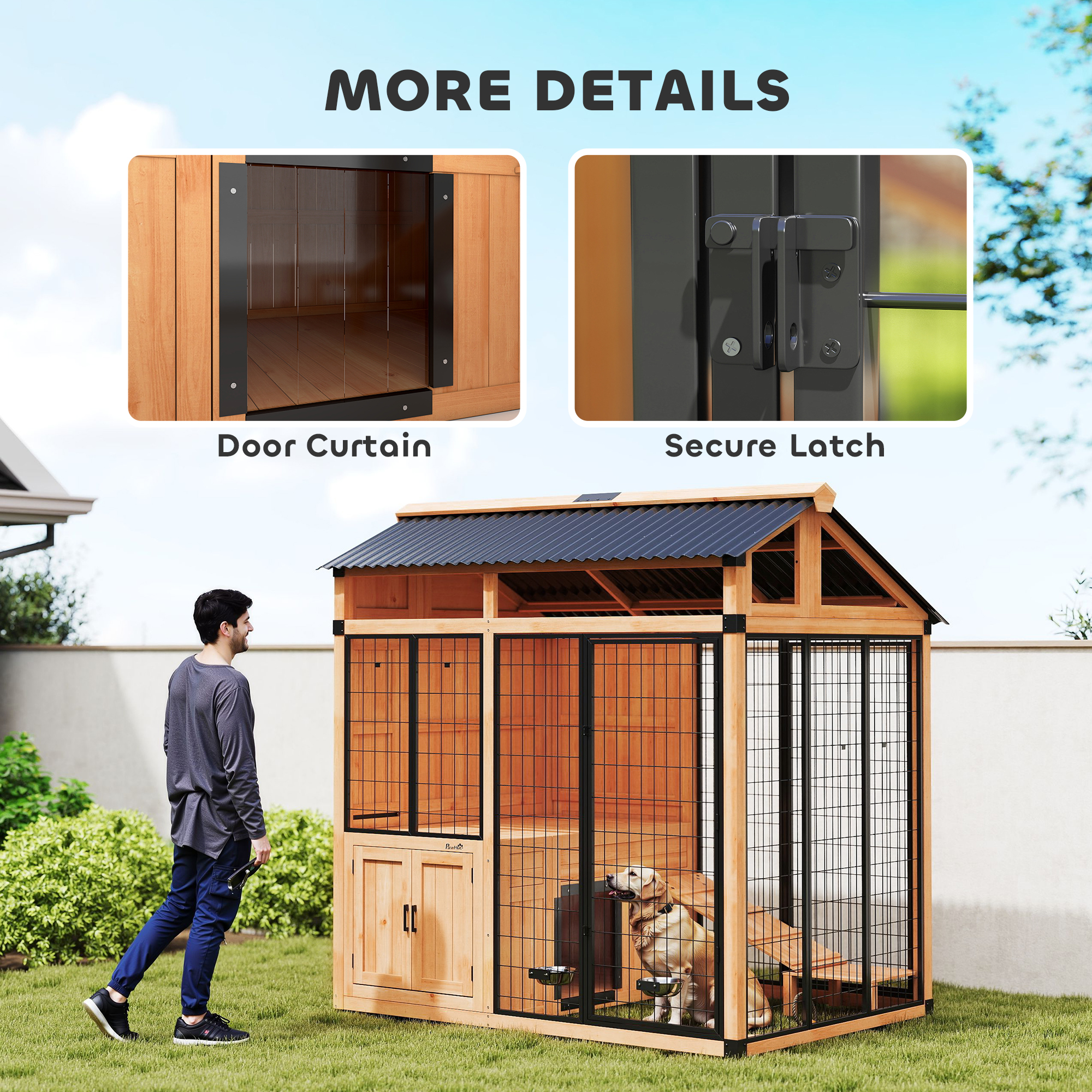 Casa para Perros Extra Grande de 7' x 5', Caseta de Madera para Exterior con Plataforma y Gabinete de Almacenamiento para Razas Grandes, Amarillo — imagen 8