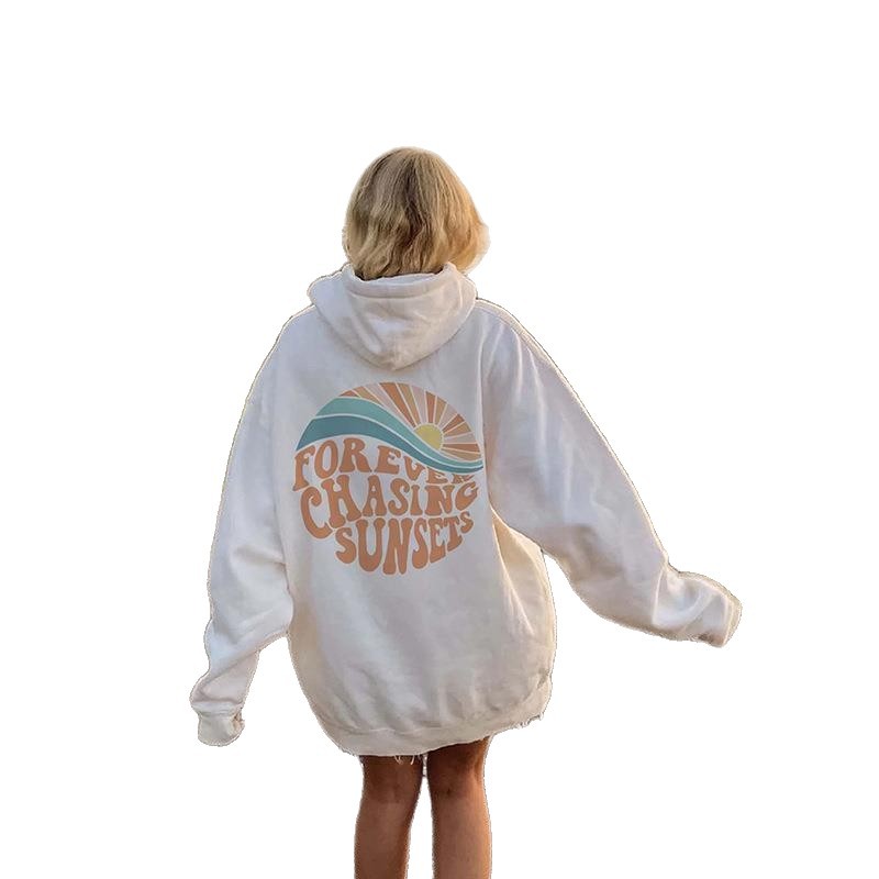 Sunset Print Kangaroo Pocket Drawstring Hooded Women's Fleece Sweatshirt — image 2