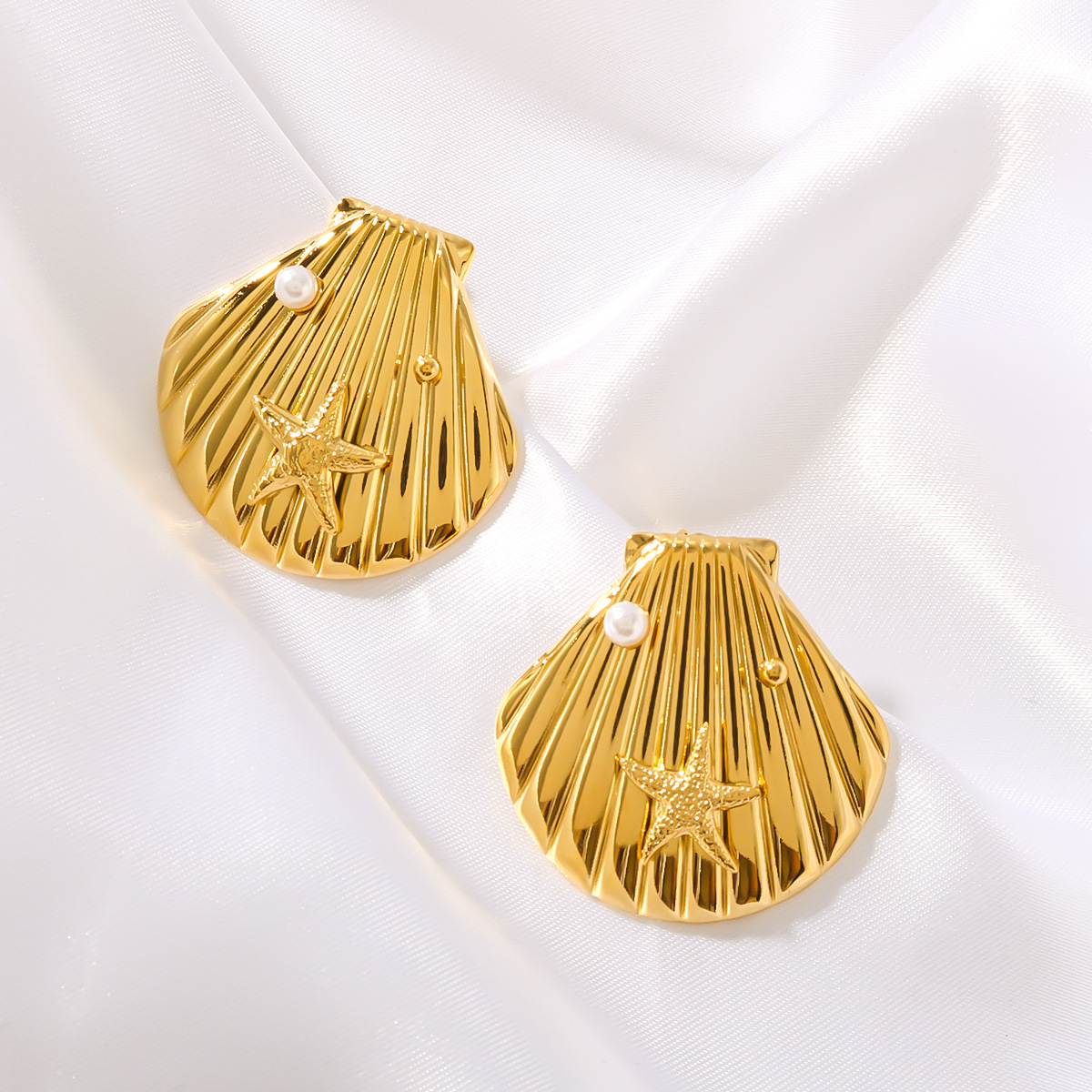 Simple summer fan shell starfish inlaid pearl earrings fan-shaped earrings — image 3