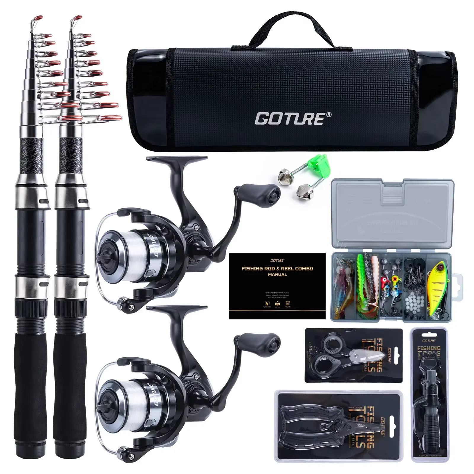 Kit de 2 cañas de pesca con 2 ruedas, 1.9M-2.7M, conjunto telescópico con bolso de almacenamiento impermeable para viajar — imagen 1