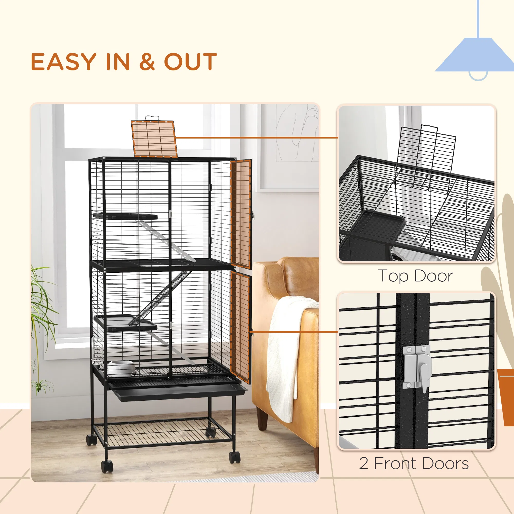 Rolling Small Animal Cage 53.5"H Chinchilla Cage for Ferrets, Squirrels w/ Removable Tray, Storage Shelf, Black — image 4