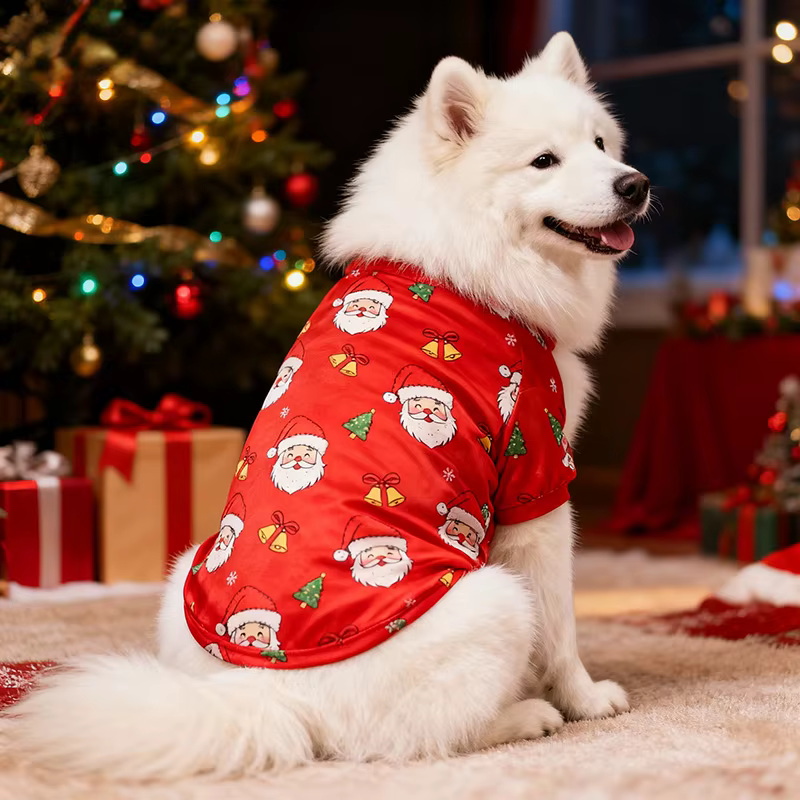 Disfraz de Navidad con Patrón de Papá Noel para Perros Grandes - Vestido Rojo y Negro con Escarcha y Frutas — imagen 1