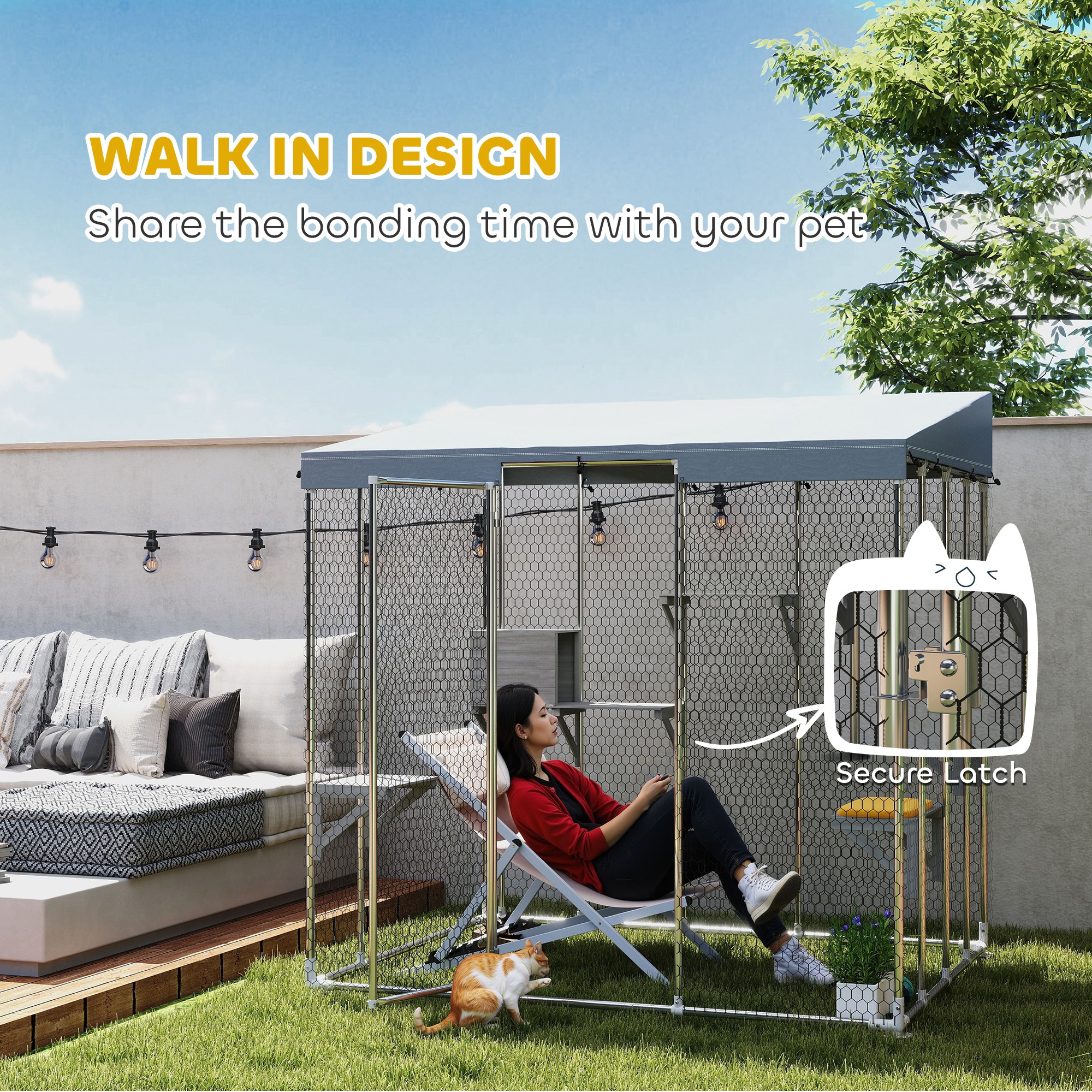 Catio Grande de Acero Galvanizado de 79" con Tejado Impermeable, Box de Descanso y Plataformas para Saltar, para 1-3 Gatos, Plateado — imagen 2