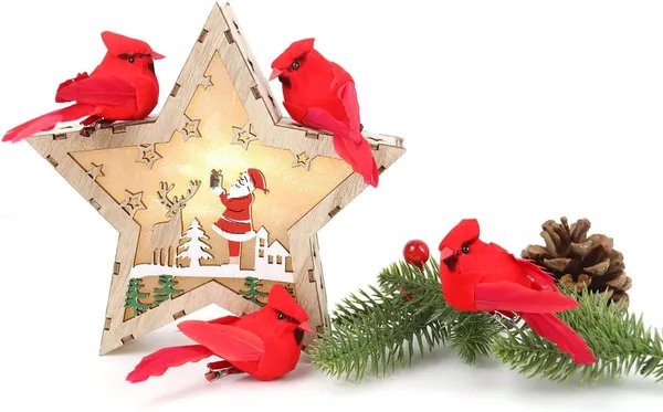 12 Pzas Pájaros Cardenales para Manualidades, Mini Cardenales con Clip para Árbol de Navidad, Adornos de Pájaros Rojos Artificiales para Coronas y Centros de Mesa DIY, Terciopelo Rojo y Plumas — imagen 4