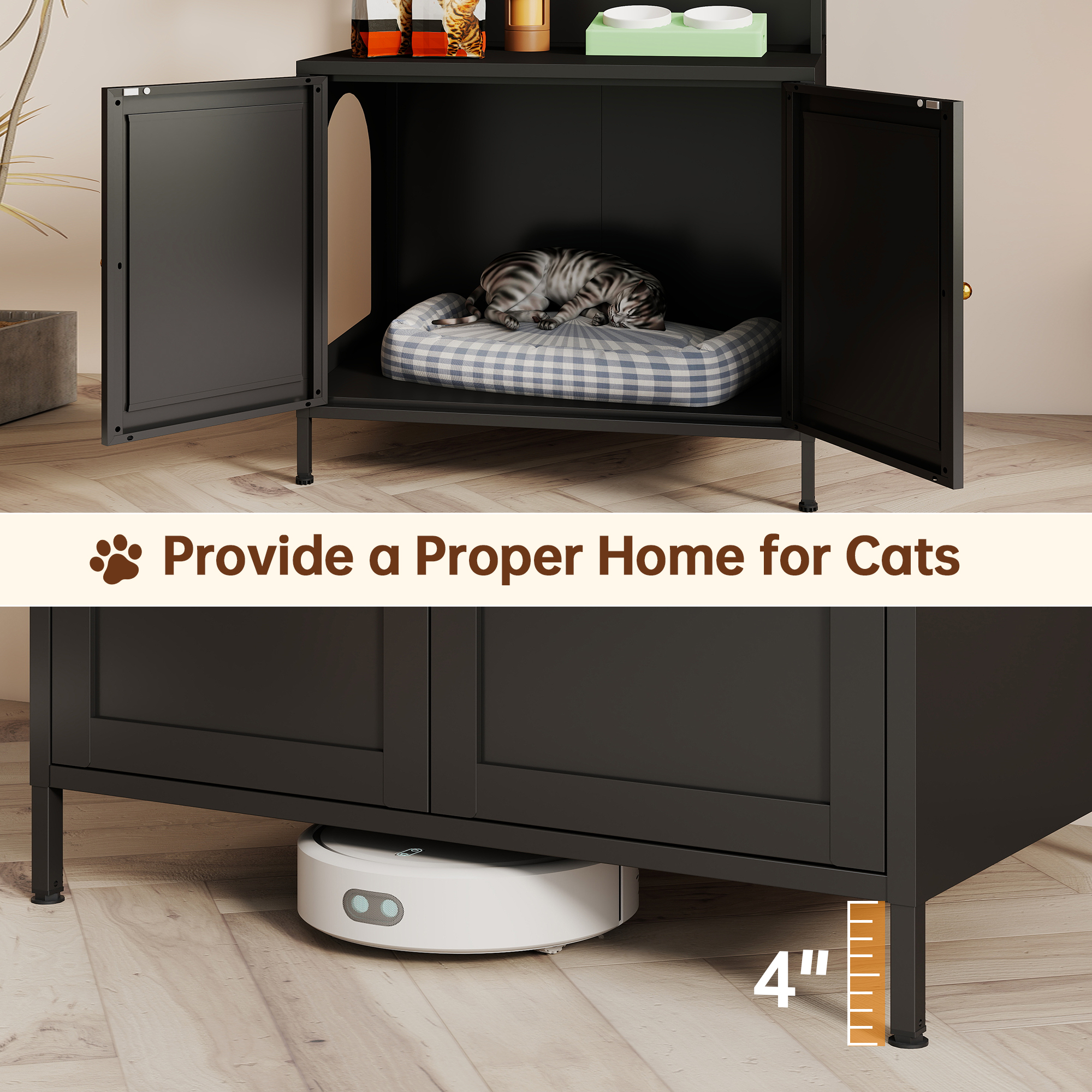 Caja de Limpieza para Gatos en Metal, Encierro Oculto de 57" con 3 Niveles de Almacenamiento y 4 Broches S, Casa Grande para Gatos Internos con Puertas y Control de Olor, Negro — imagen 4