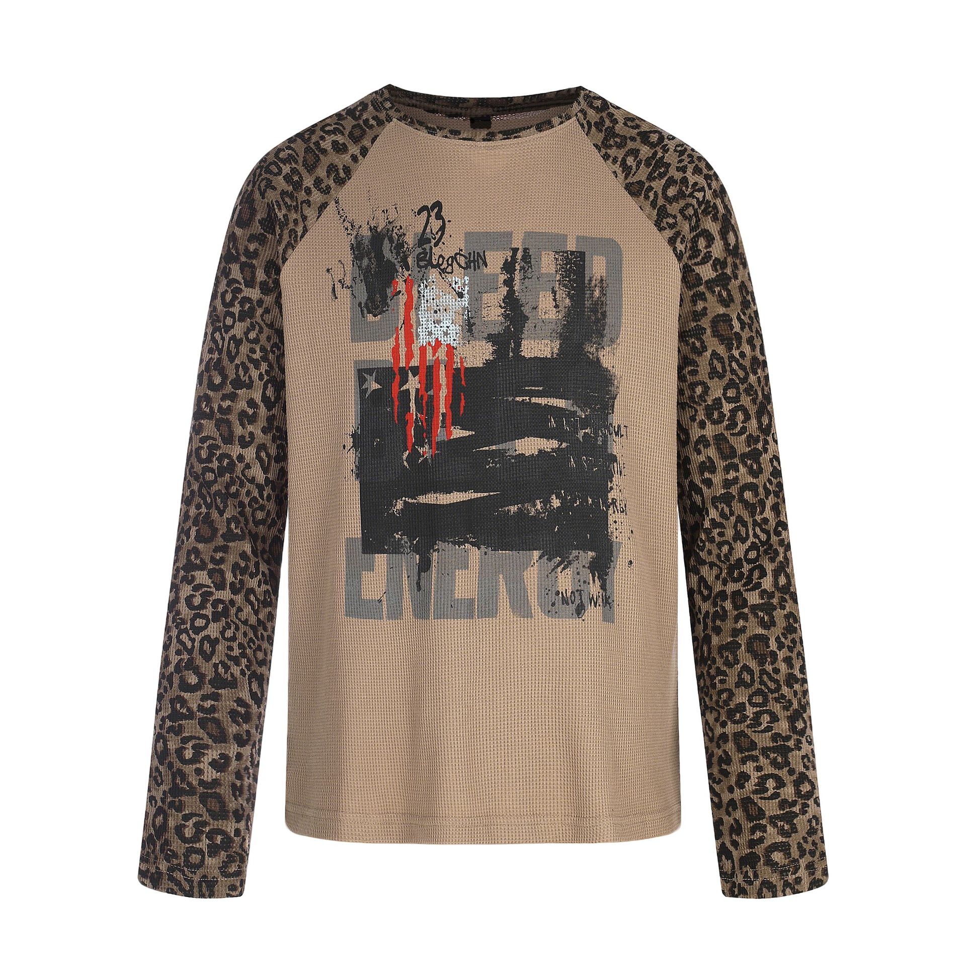 Leopard Print Spliced Unique Pattern Loose Raglan Sleeve Long T-Shirt — image 4