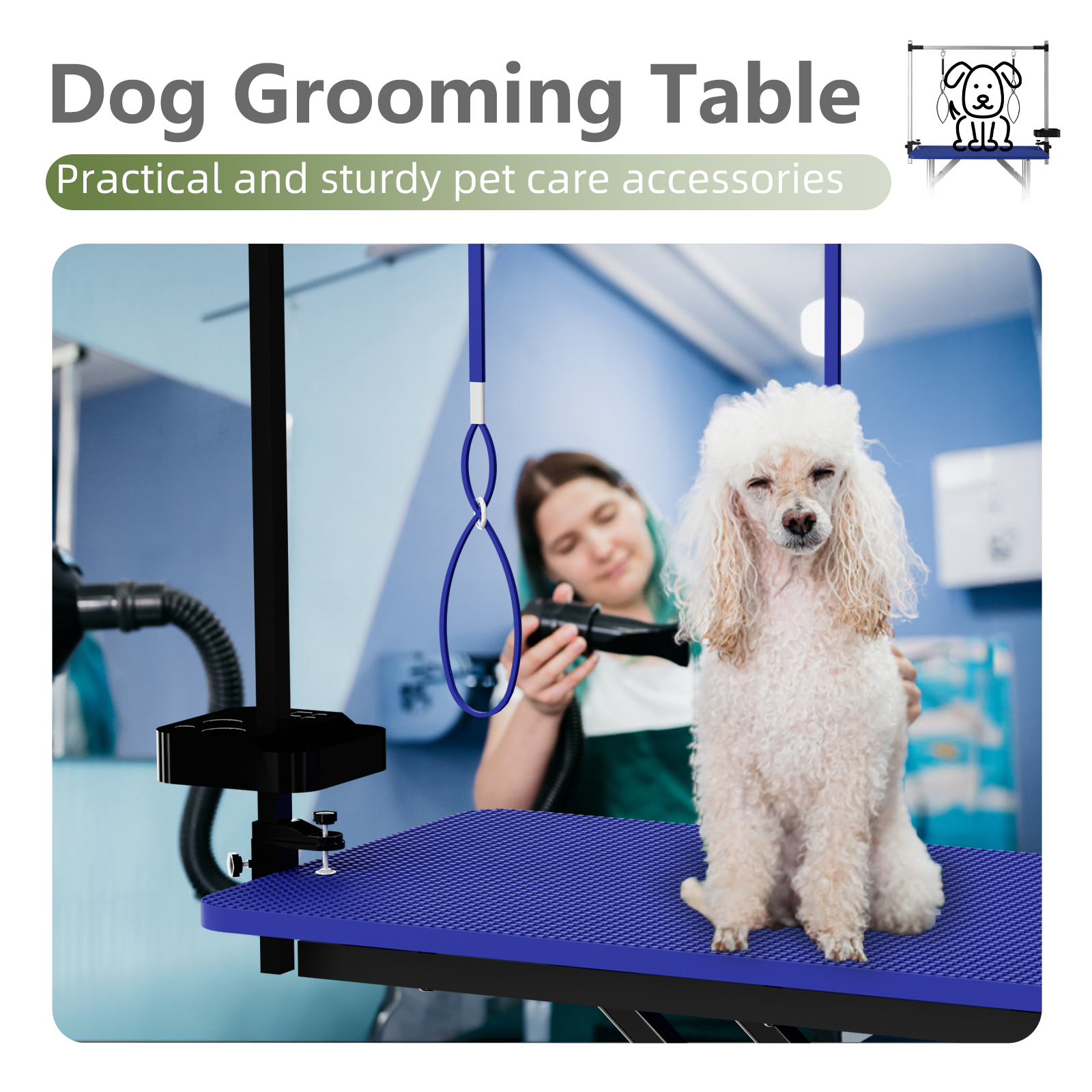 Mesa de Aseo para Perros Azul Grande 47'' con X-Lift Reclinable, Plegable para Hogar - Estación para Mascotas con Correas y Organizador de Herramientas — imagen 2