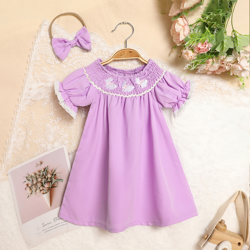 Vestido de Cordero para Niña Pequeña con Manga Rizada, Cuello y Brocado de Conejo para Verano — imagen 2