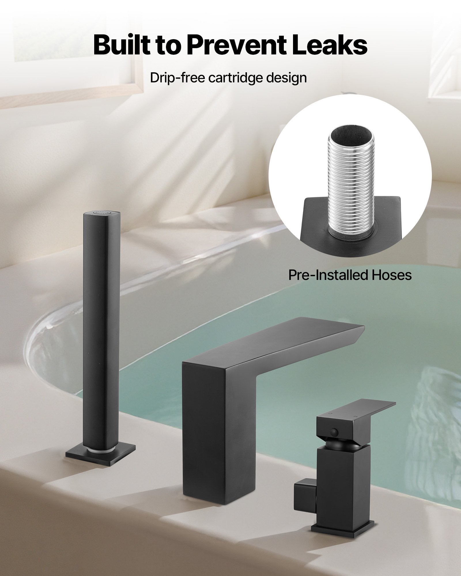 Fauceta de Baño Romano, 3 Hocicos con Cascada para Ducha y Lavabo, Kit de Accesorios para Perros, Adultos y Mascotas Acuáticas, Negro Mate, Acero Inoxidable — imagen 3