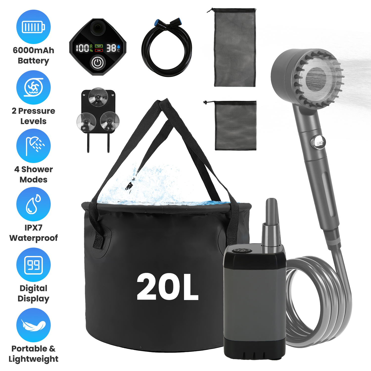 Ducha Portátil para Camping con Accesorios IPX7 Resistente a Agua 6000mAh Recargable Ducha con Cabezal Filtro Capacidad 5.3 Galones Bolsa de Almacenamiento Plegable para Caminatas Playas Viajes y Mascotas — imagen 6