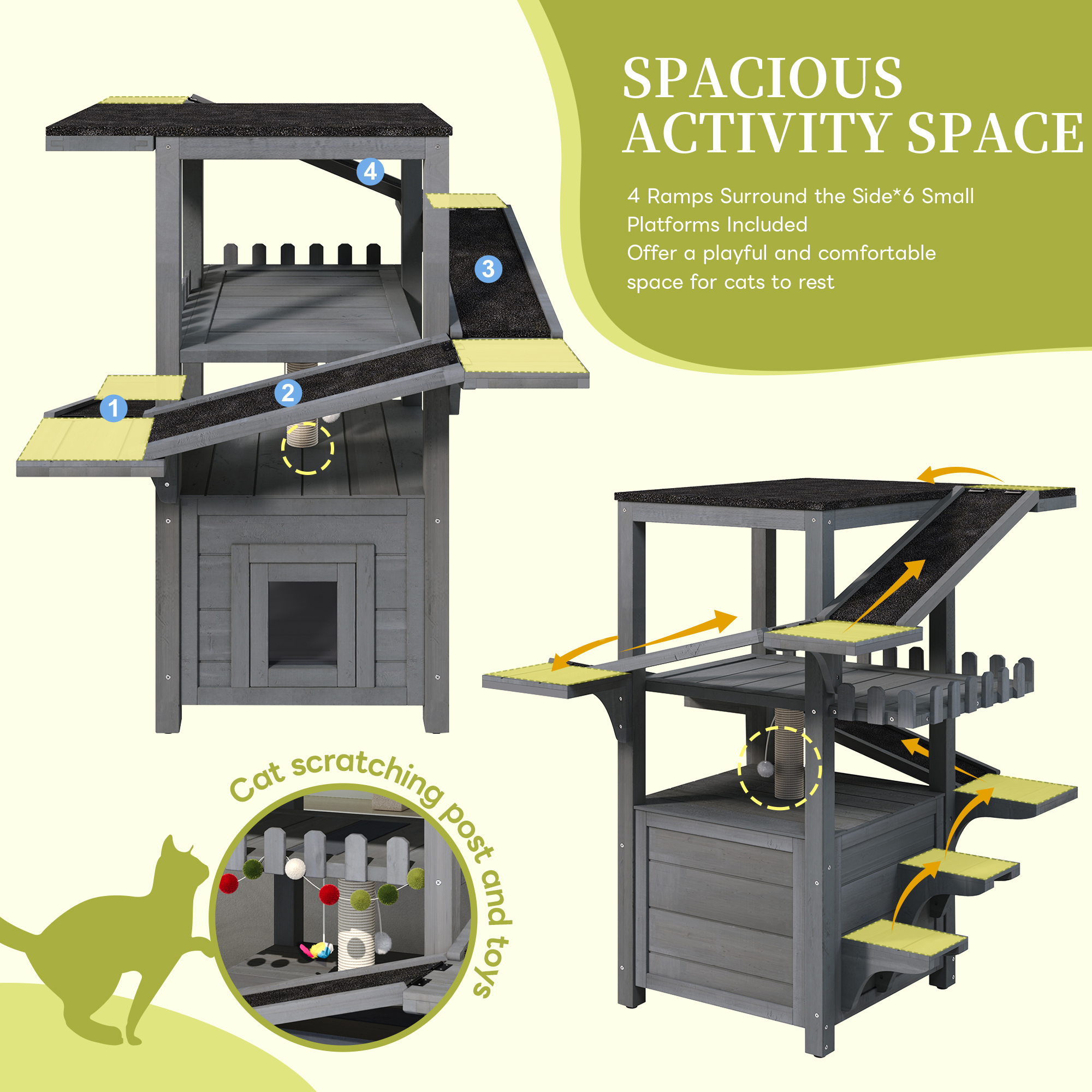 Casa para Gatos de Exterior de 4 Niveles, Torre para Gatos Resistente a la Intemperie con Techo Impermeable y 2 Puertas, Refugio para Gatos Callejeros al Aire Libre, Zonas de Juego de Varios Niveles con Balcón, Para Animales Pequeños, Gris — imagen 2