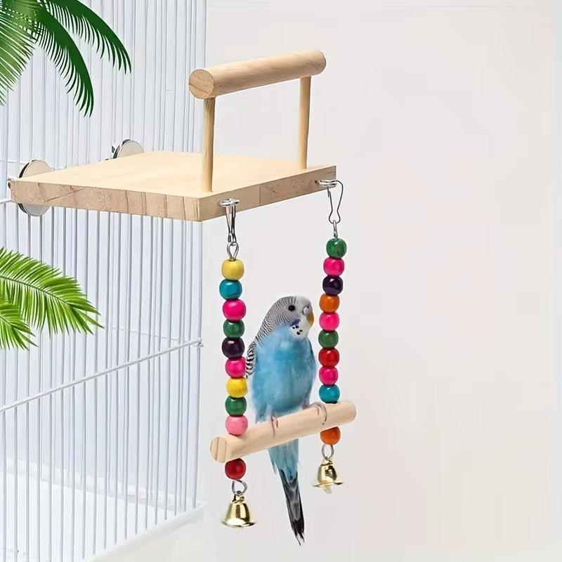 Wooden Bird Perch Platform Stand Parrot Swing Toys Bird Hanging Swing Playstand with Chewing Beads Bird Toys — image 1