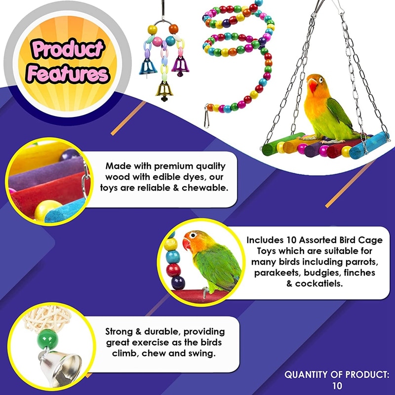 Paquete de 10 Juguetes para Jaula de Aves, Confiables y Masticables - Columpio, Puente Colgante, Cuentas de Madera, Pelota y Campana (en existencia) — imagen 7
