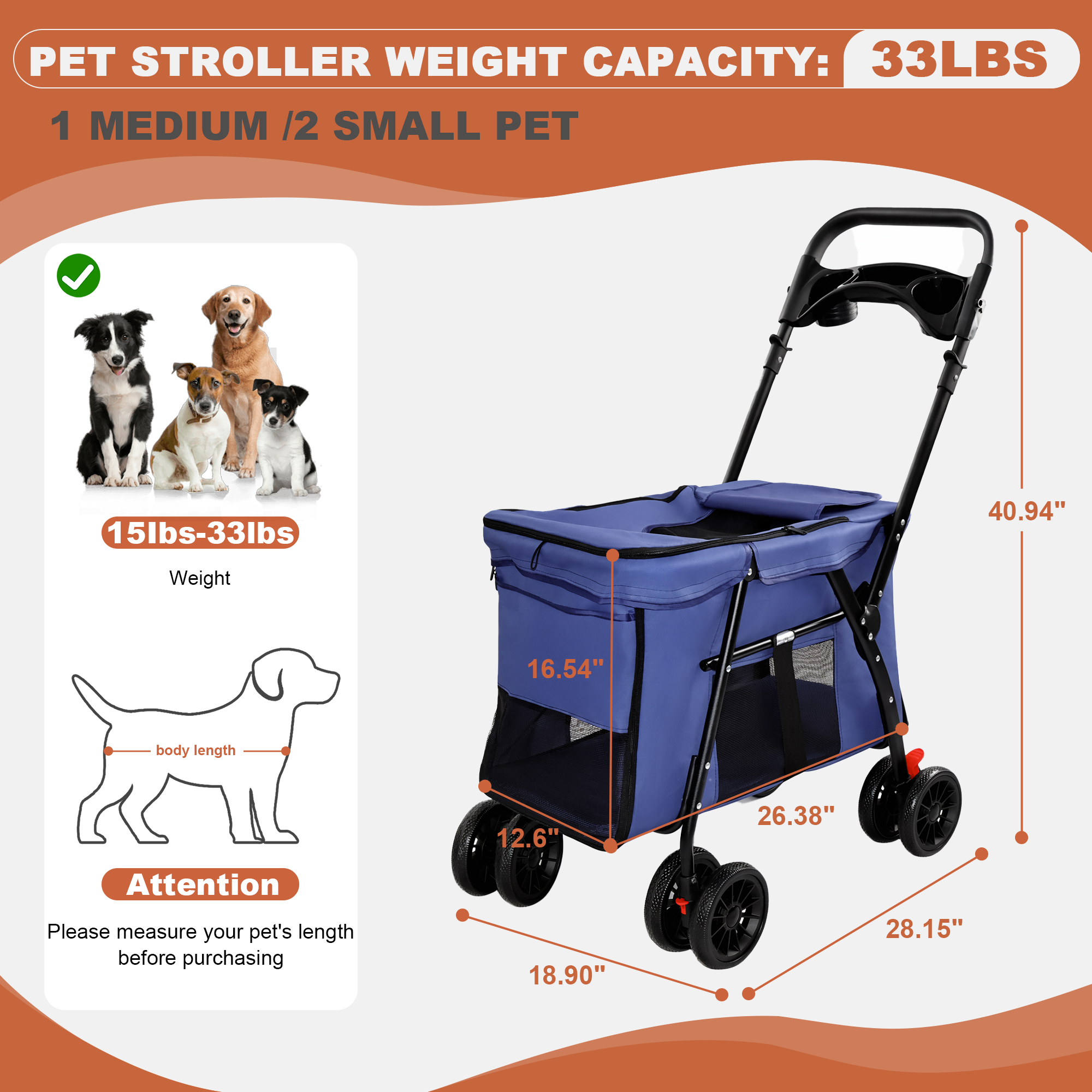 Pet Stroller, Foldable 4-Wheel Design, Breathable Mesh Dog Cat Stroller with Shockproof Wheels, Brake System, Storage Tray, 2 Fixed Safety Leashes, Large Space for Small Medium Pets, Navy Blue — image 2