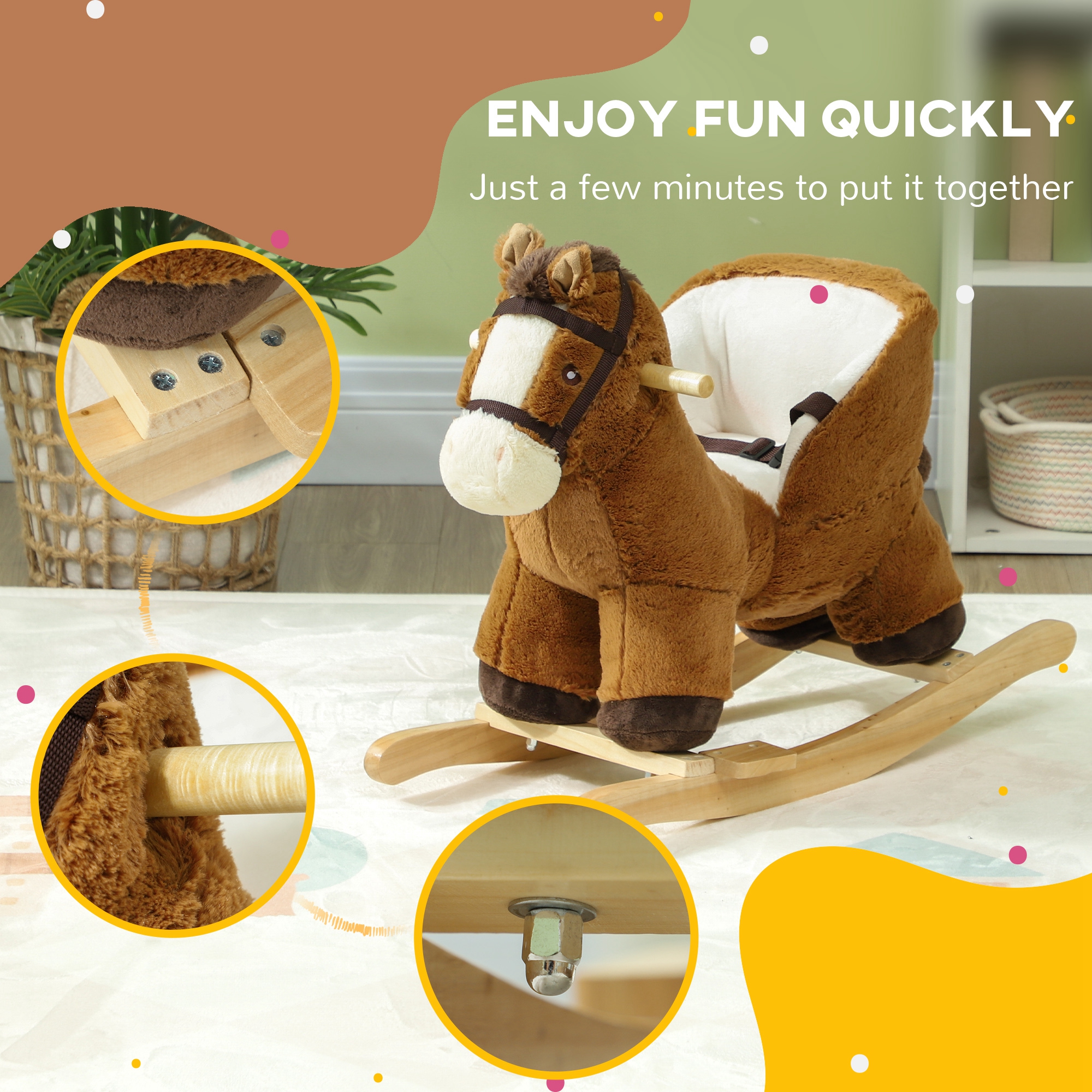 Baby Rocking Horse, Kids Ride-on with Sound, Wooden Base & Safety Belt for Ages 18-36 Months, Brown — image 3