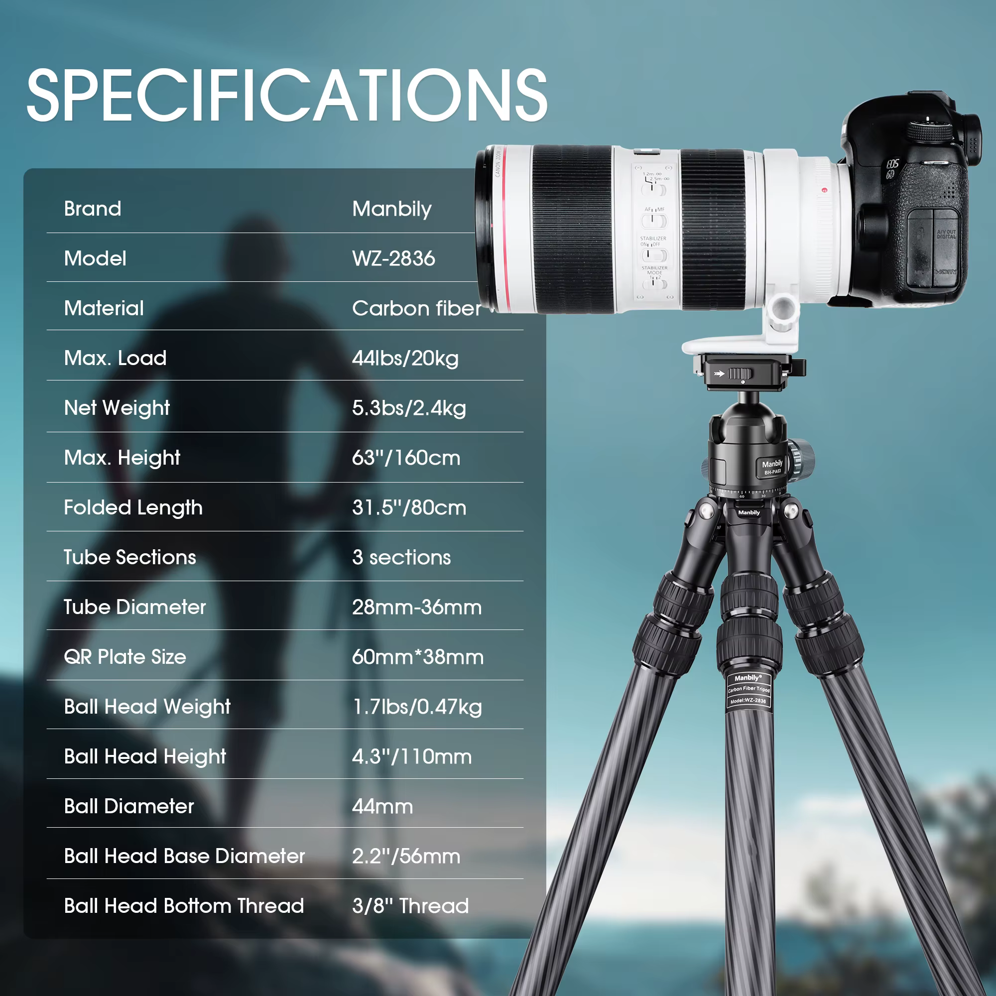 Manbily WZ2836 Carbon Fiber Hunting Tripod For Shooting Birdwatching With Heavy Duty Arca Swiss Ballhead Max 20kg 36mm Leg — image 5
