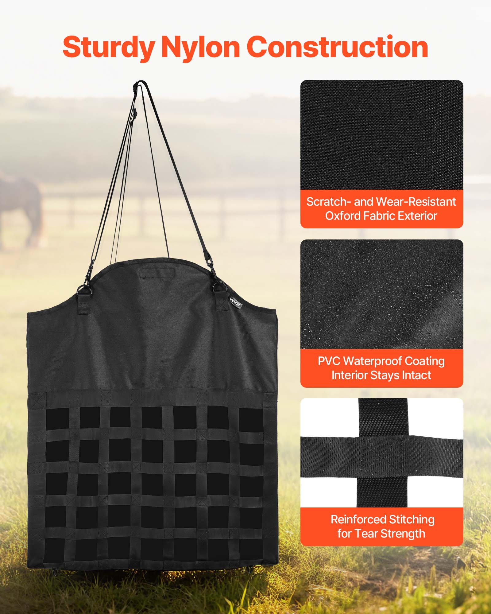 Hay Bag For Horses, 21.65 X 7.28 X 25.2 In, 1.81 X 1.81 In Holes, Premium Nylon Construction With PVC Waterproof Coating, Adjustable Hanging Straps And Metal Hooks, Slow Feed Hay Bag For Horses — image 2