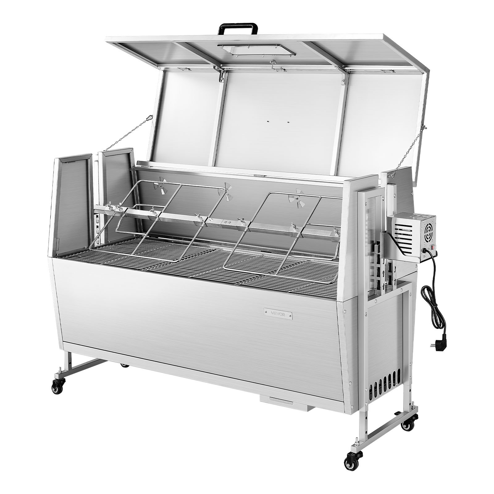 Asador de Rotisserie al Carbón, 38W, Capacidad Máxima para Cerdo y Cordero de 132 LBS, Con Ruedas y 4 Niveles de Altura, Kit de Asador Eléctrico con Acero Inoxidable para Camping Exterior — imagen 1