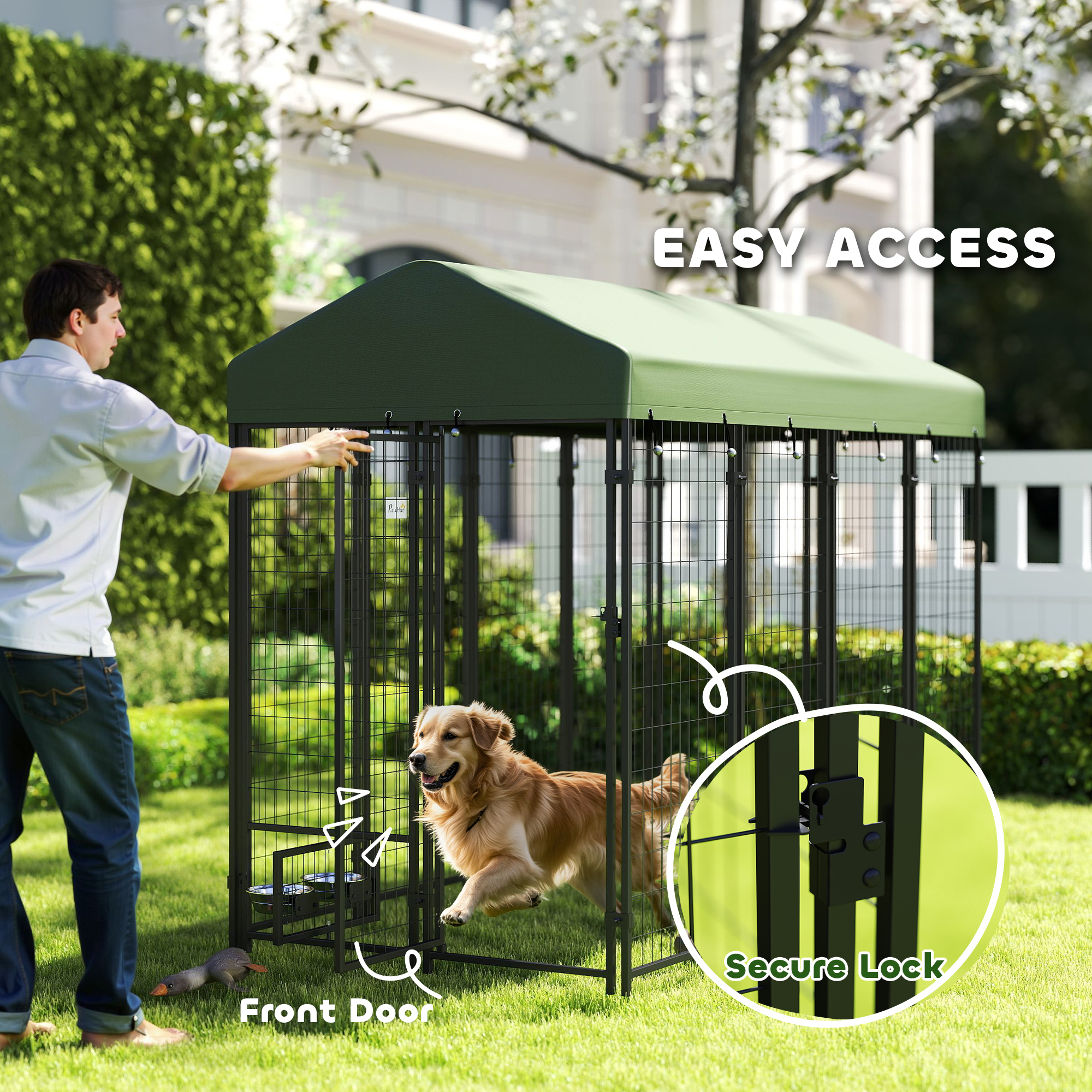 Outdoor Dog Kennel with Rotating Bowl Holders, Pet Playpen with Waterproof Cover, 8 x 4 x 6, Green — imagen 7