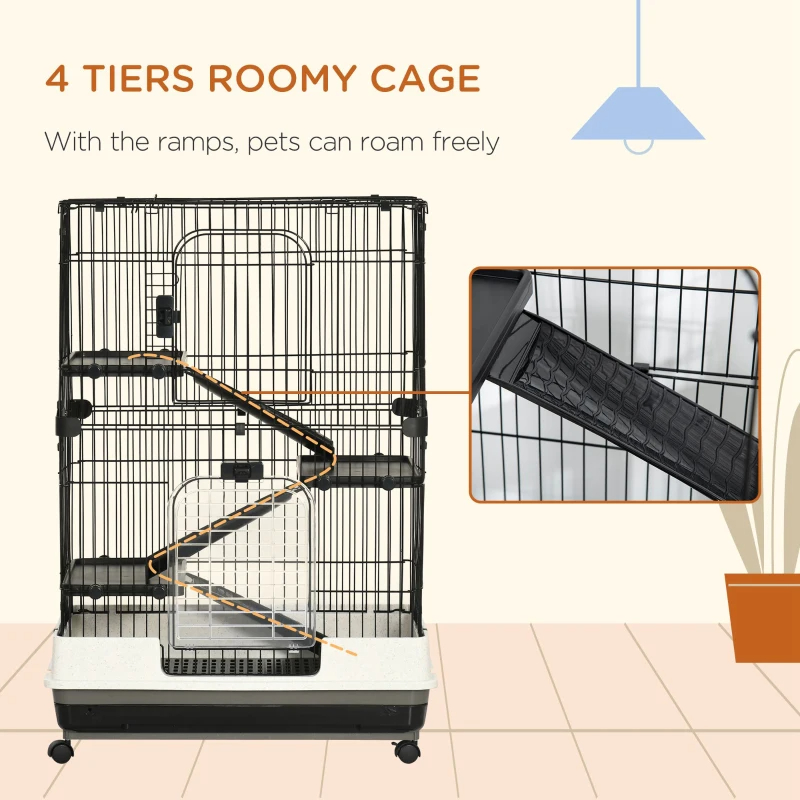 4-Level Small Animal Cage Rabbit Hutch With Universal Lockable Wheels, Slide-out Tray For Bunny, Chinchillas, Ferret, Black — imagen 6