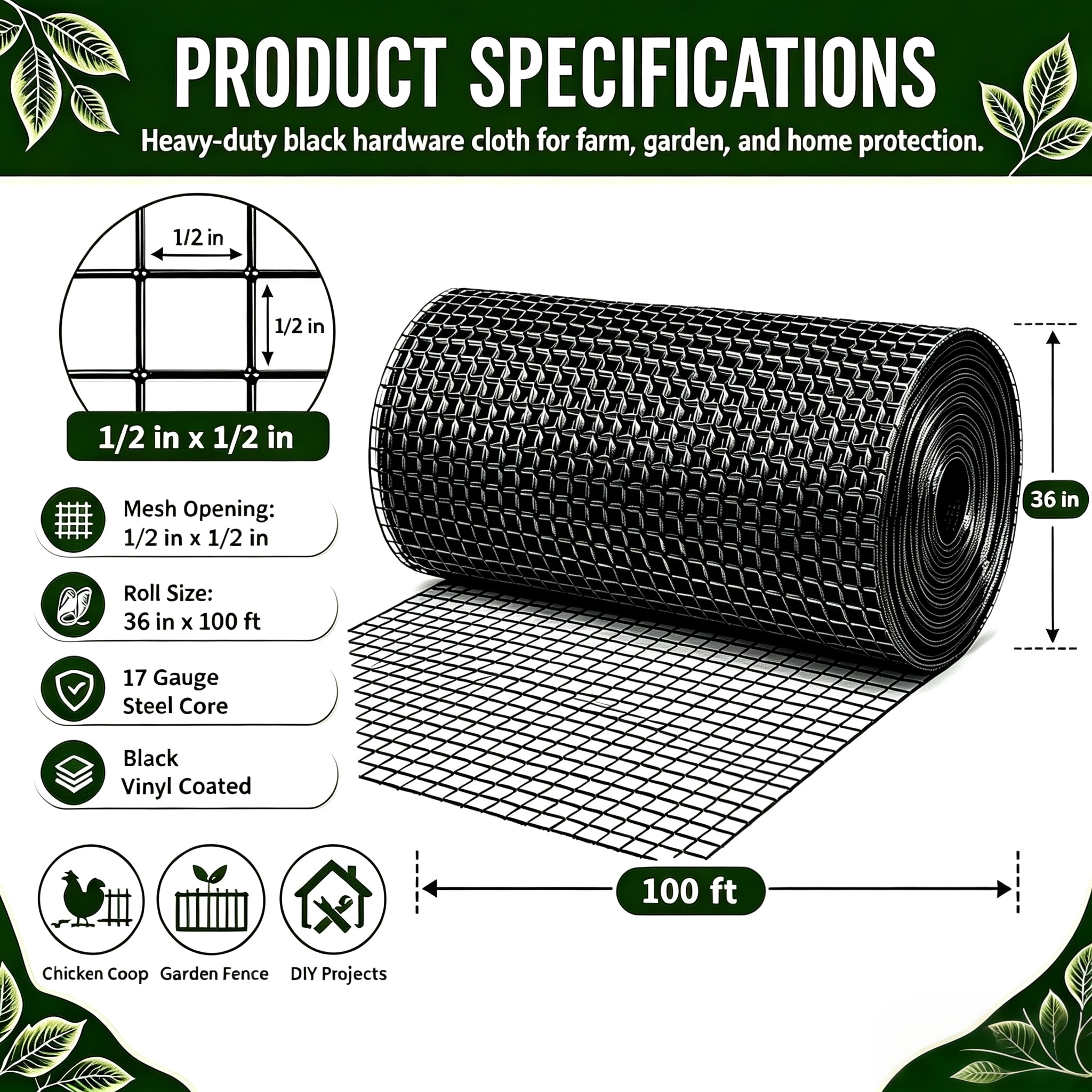 36in x 100ft black metal mesh, 1/2-inch welded chicken wire roll, garden plant fencing, suitable for chicken coops and home renovation — image 10