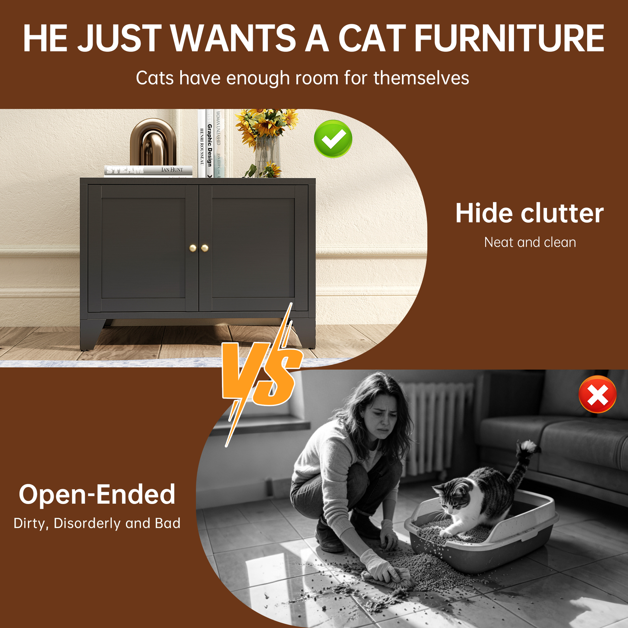 Caja de Arena para Gatos en Metalo, Decoración Moderna Oculta para Hogares con Mascotas, Casa para Limpieza de Gatos Freestanding, Adecuado para la Mayoría de Cajas de Arena Estándar, Mesa de Sede Decorativa para Hogar Negro — imagen 3