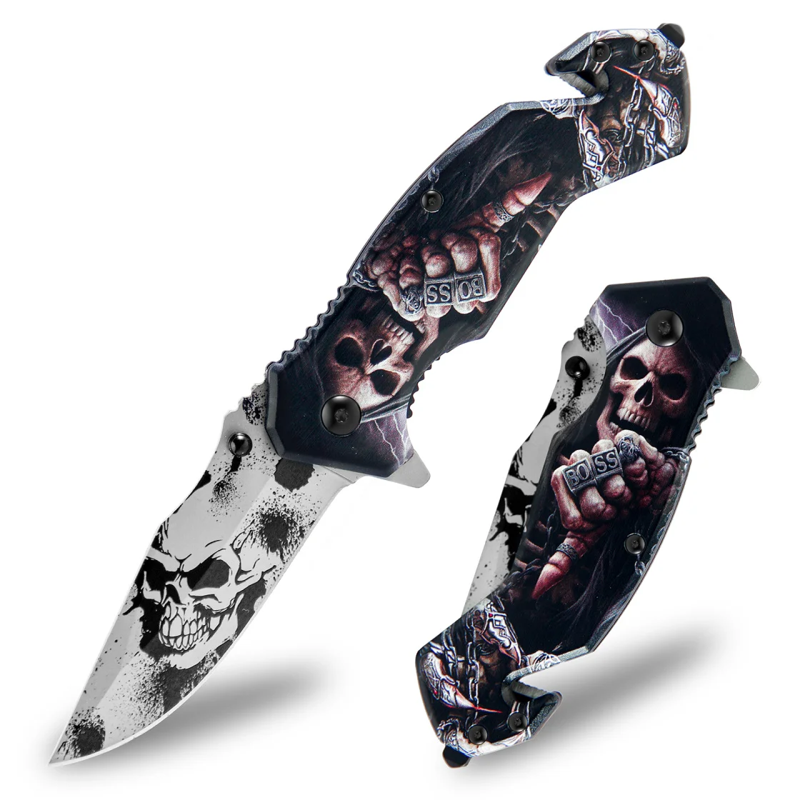 Cool Skull Ghost Head Pattern Stainless Steel Multi-purpose Folding Knife, Portable Rope Knife And Glass Shredder, Metal Handle, Perfect For Camping, Fishing And Outdoor Adventures, Perfect Gift For Men, Compound Holiday Gif — image 1