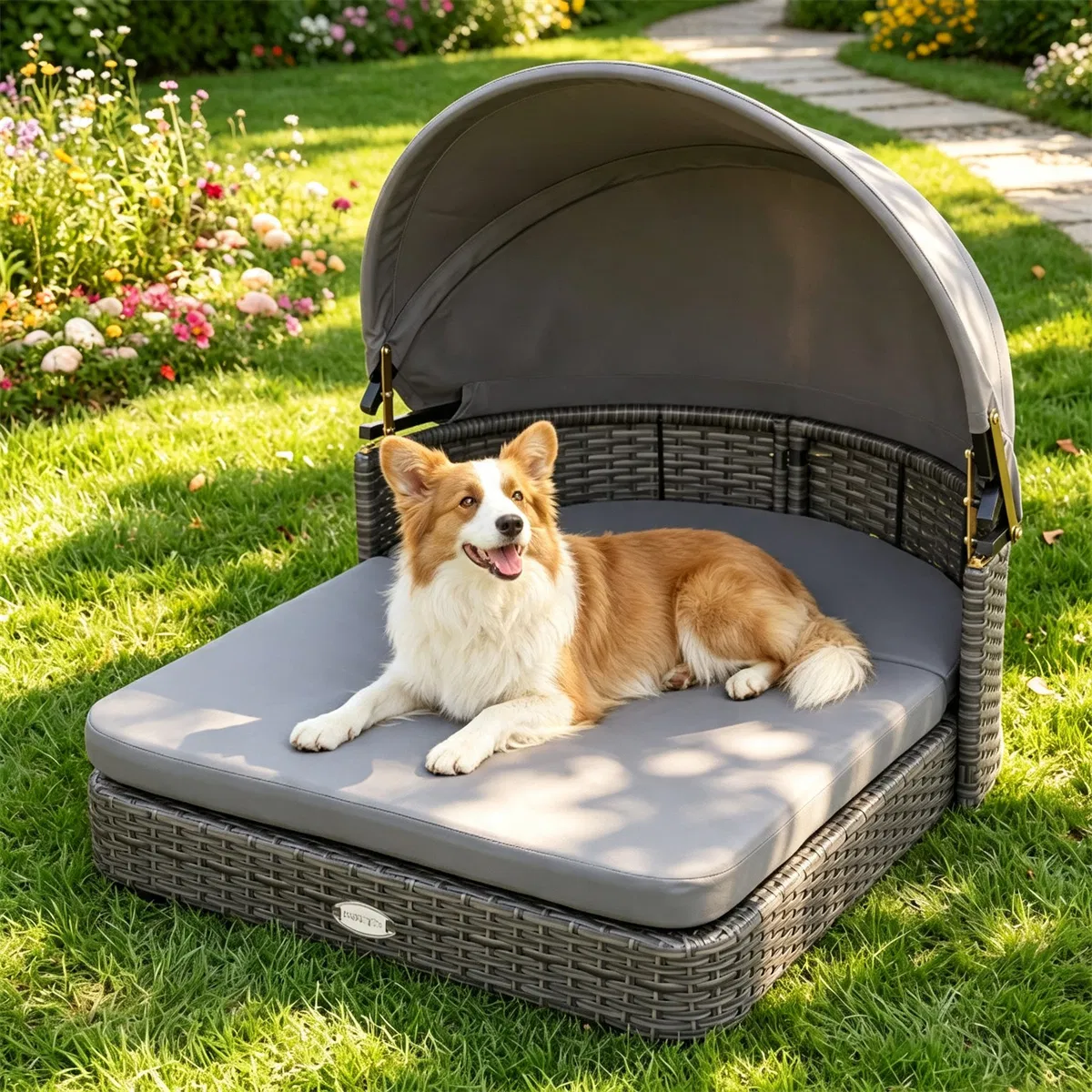 Gray Hand-Woven PE Rattan Dog Bed with Adjustable Canopy, Elevated Outdoor Pet Daybed with Washable Plush Cushion, Anti-Slip Breathable Pet Shelter for Indoor Patio Garden — image 2