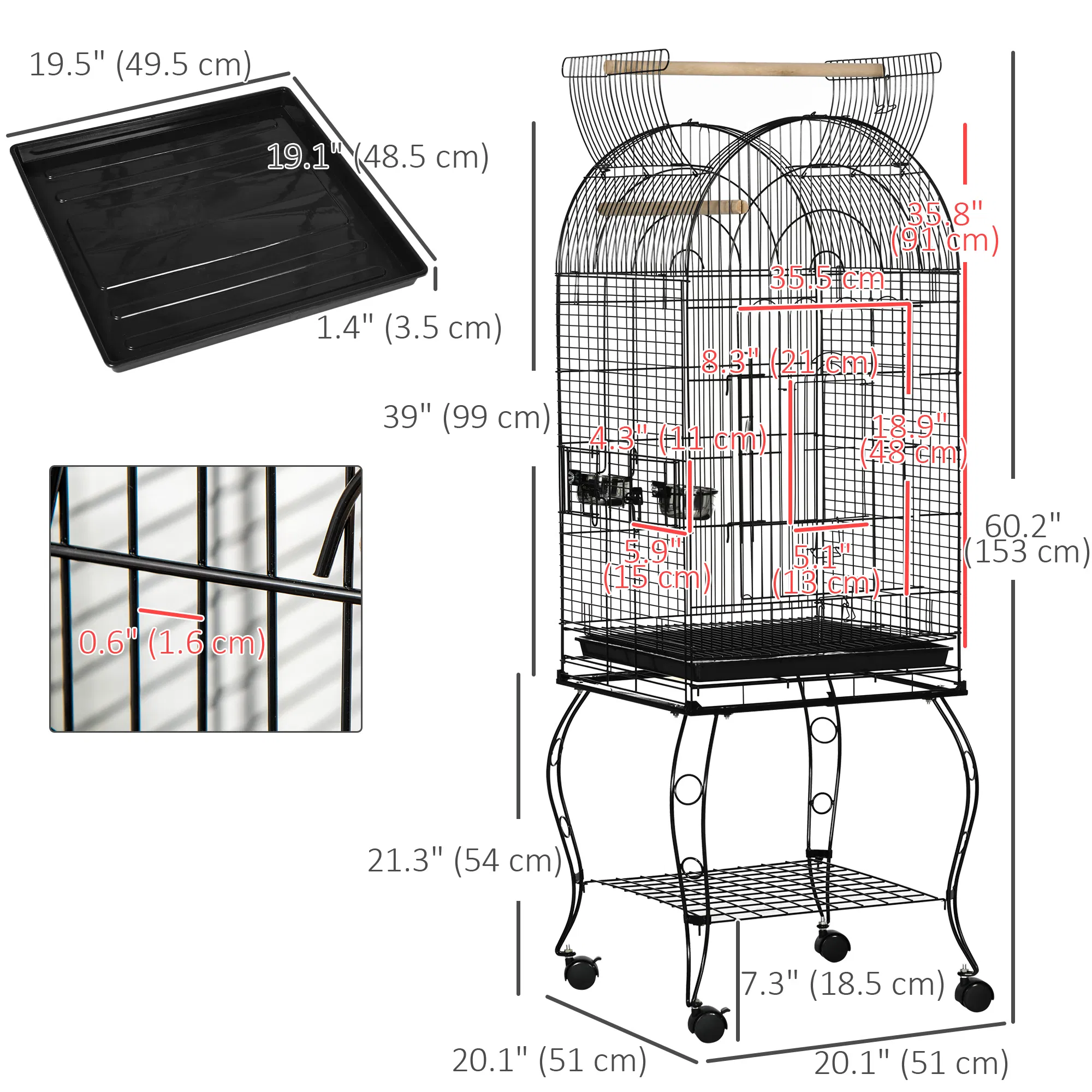 60" Large Bird Cage with Openable Top for Cockatie, Sun Conure — image 4