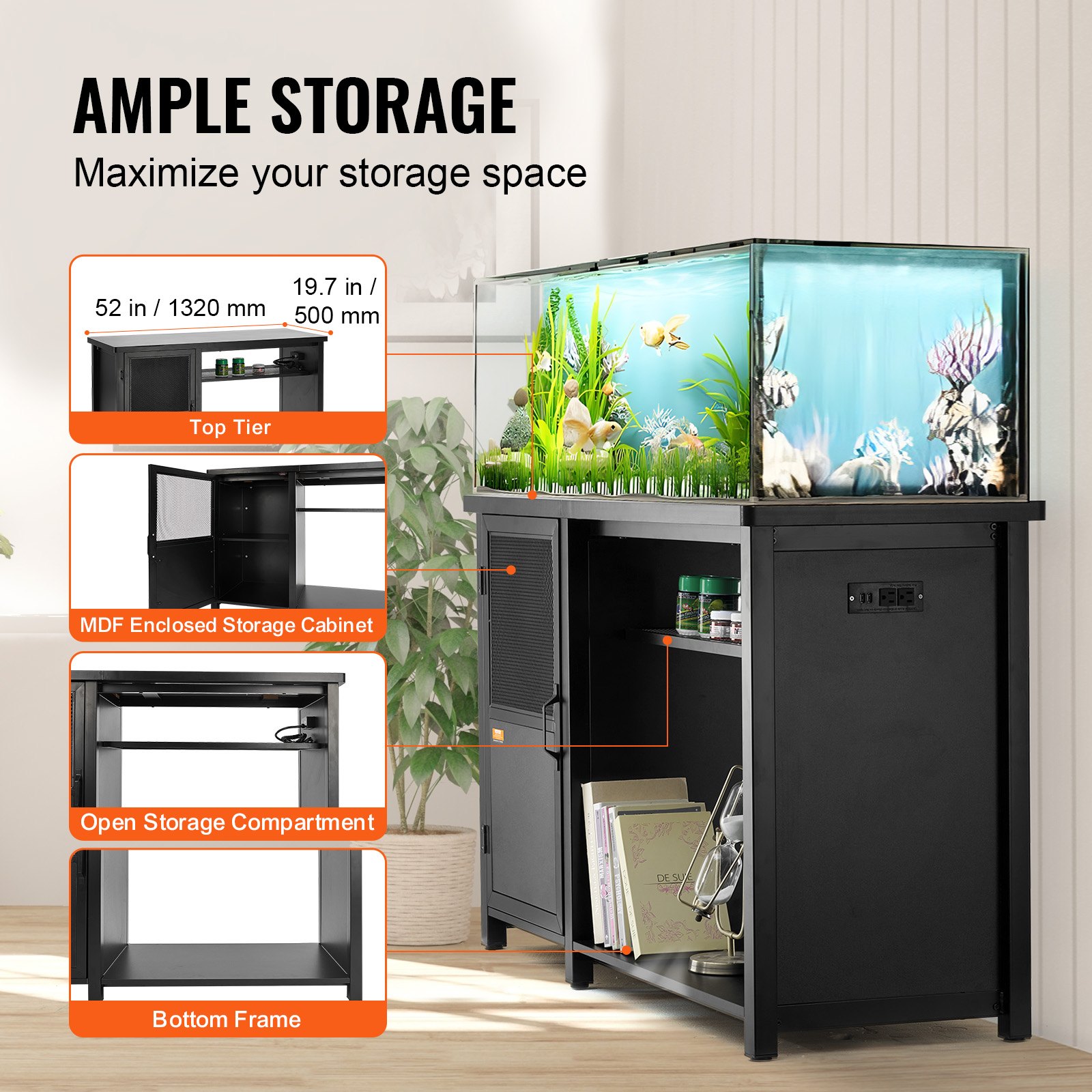 Aquarium Stand, 75 Gallon Fish Tank Stand, 52 X 19.7 X 32.3 In Steel And MDF Turtle Tank Stand, 626 Lbs Load Capacity, Reptile Tank Stand With Storage Cabinet And Embedded Power Panel, Black — imagen 5