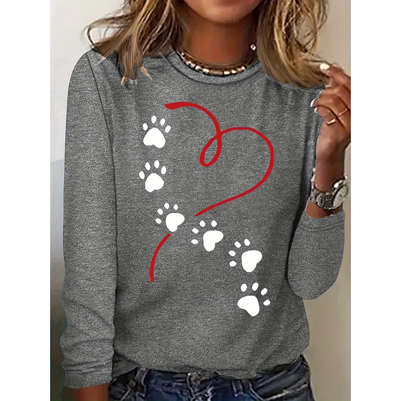 Camiseta de Mujer con Gráficos de Corazón y Huellas de Perro: Top Cozy para Primavera y Otoño — imagen 8