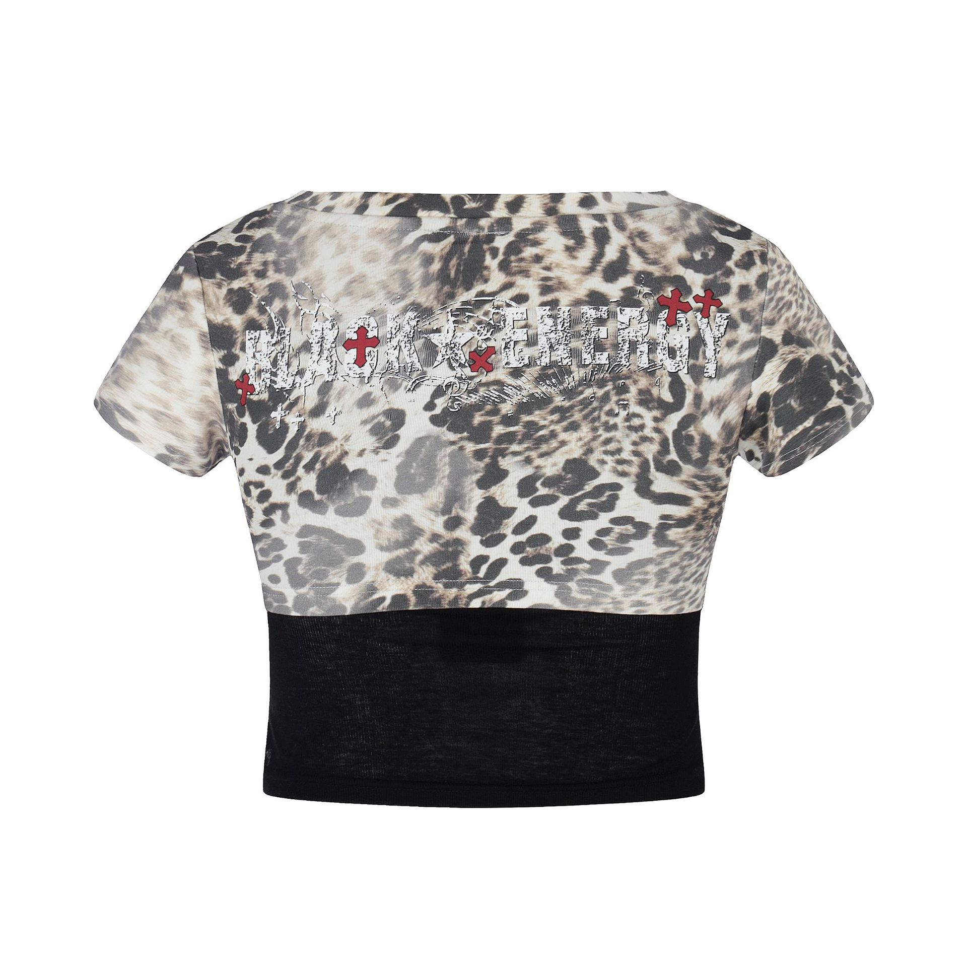Leopard Print Patchwork Crop Top for Women, Color-Blocking Printed Fitted Slimming Midriff-Baring T-Shirt — image 3