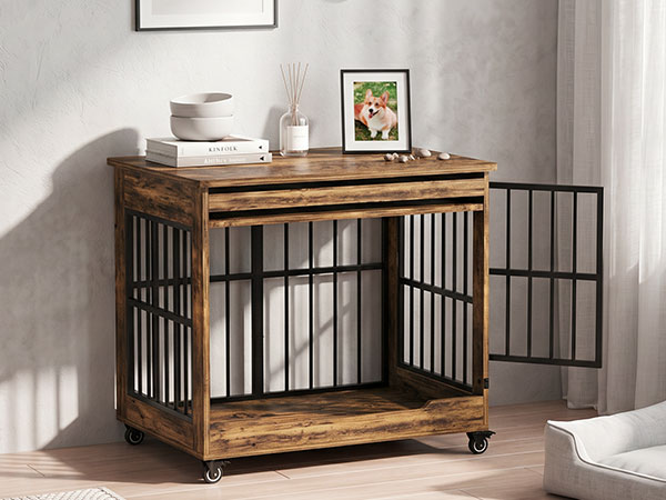 Dog Crate Furniture, Double Door Wooden Indoor Dog Kennel Furniture, Decorative Pet Cage End Table With Wheels For Large And Medium Breed Dogs, Size L, Greige — image 2