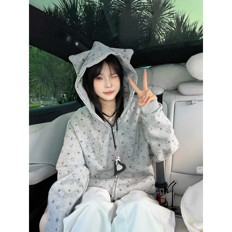 Women's Sweet Cool Rhinestone Kitty Cat Paw All Over Print Hooded Loose Cardigan Jacket — image 5
