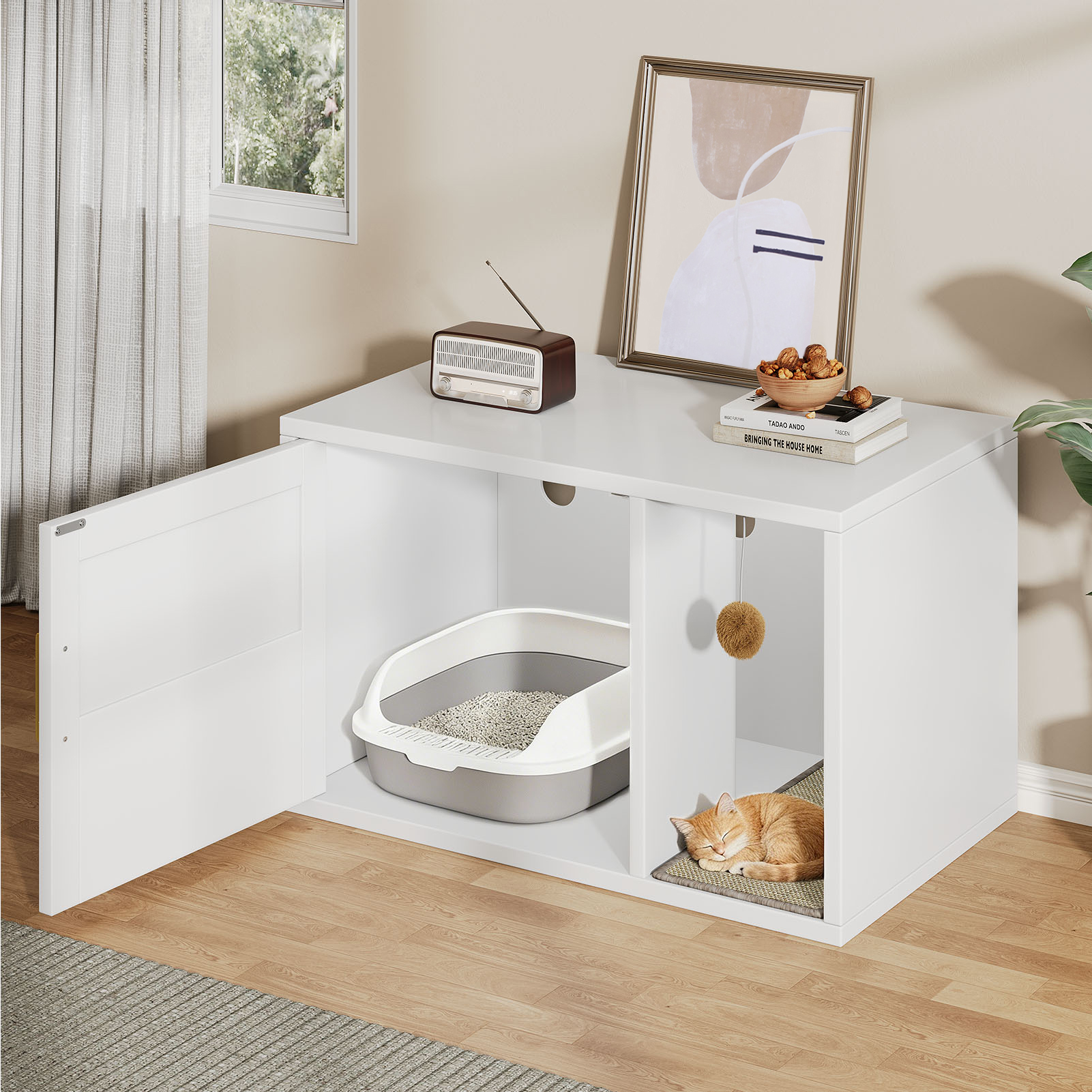 Caja de Limpieza para Gatos Multifuncional de Diseño Blanco Moderno Casa para Gatos con Lavabo y Mesa de Sílabo para Dormitorio y Salón — imagen 13
