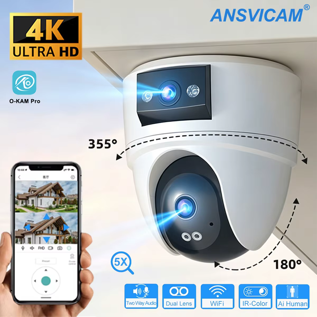 8MP 4K PTZ Security Camera with AI Human Detection - Dual-Lens Dual-Screen Outdoor WiFi IP Cam for Wireless CCTV Surveillance