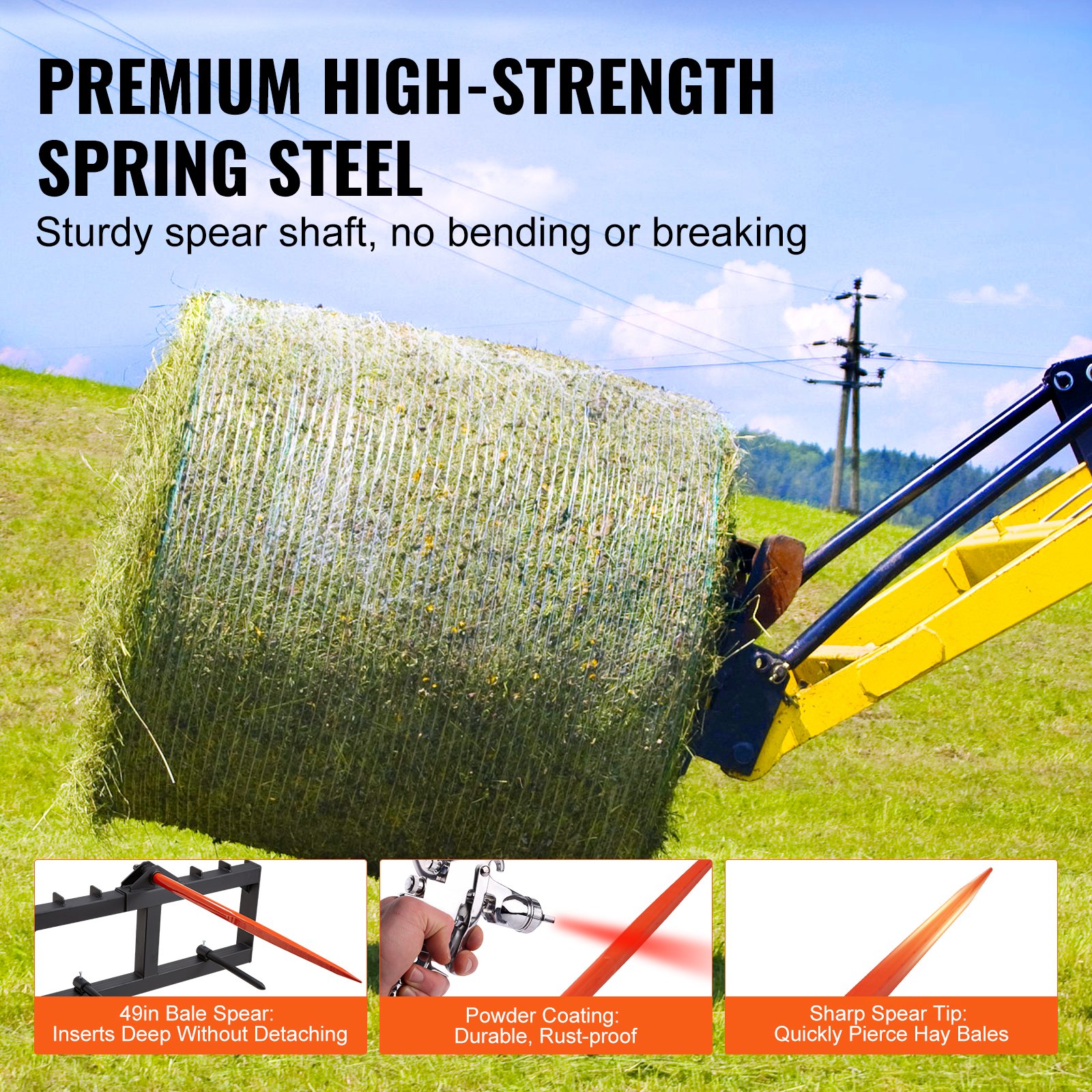 Hay Spear, Bale Spears 1600lbs Loading Capacity, Skid Steer Loader Tractor Attachment With 2pcs Stabilizer Spears, Quick Attach Spike Forks — image 3