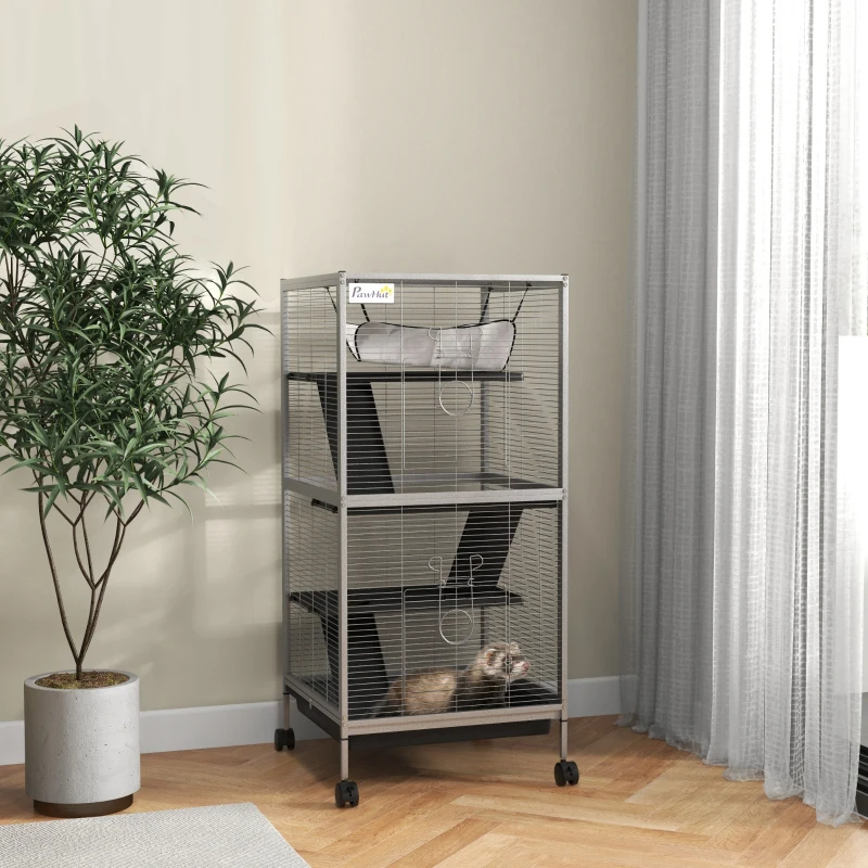 PawHut Rolling Small Animal Cage With Hammock, Ferret Cage, Chinchilla Cage, Pet Habitat With 6 Doors, Removable Tray — imagen 9