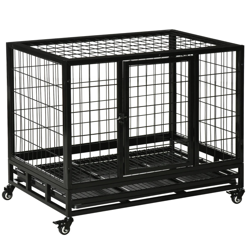 PawHut Heavy Duty Dog Crate With Removable Tray, Lockable Wheels And Double Door, For Medium And Large Dogs, Black — imagen 2