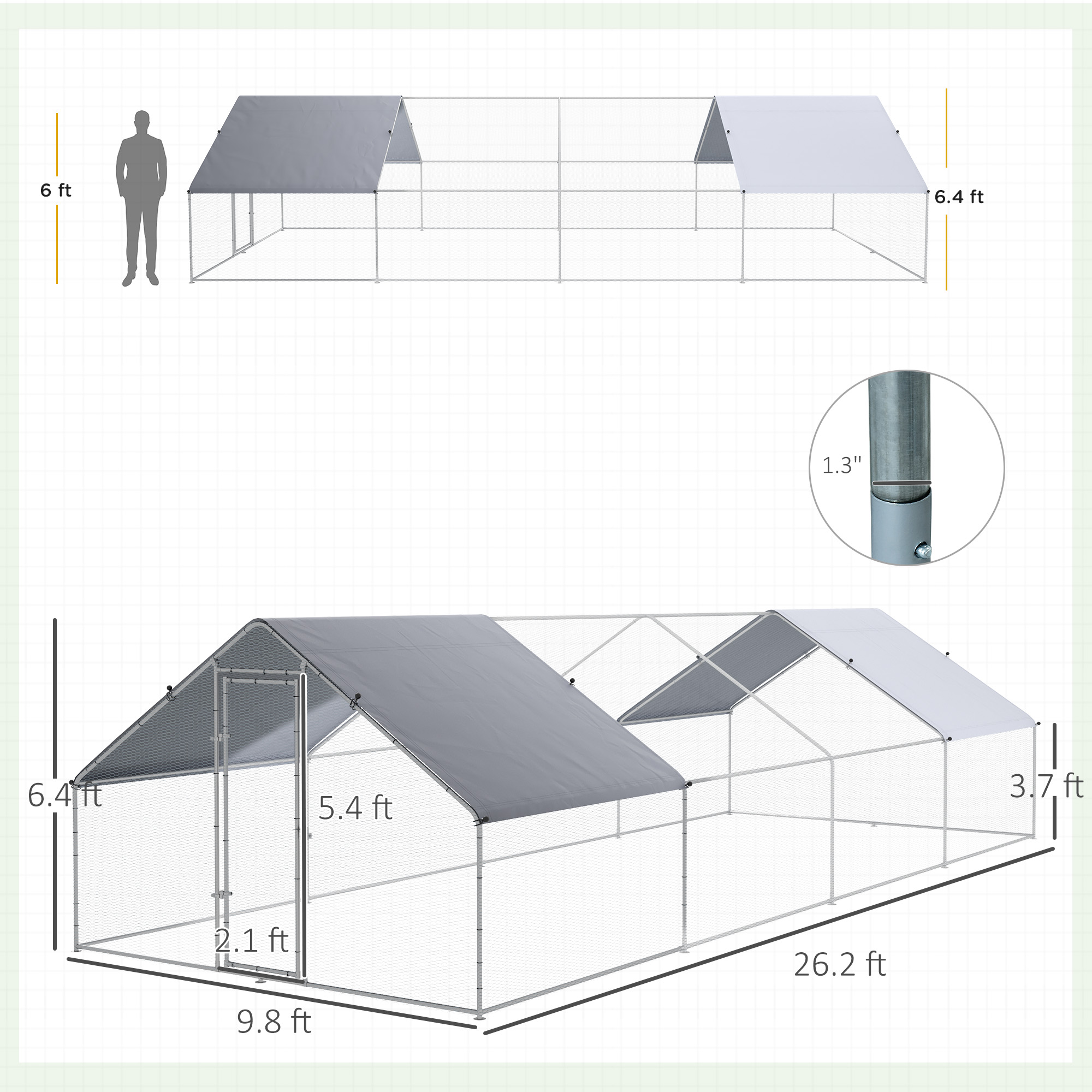 Casa de Pollos Metálica para Gallinas con Cubierta Impermeable y Resistente a UV, Diseño en Espiga con Acceso Peatonal para Jardín Exterior y Granja — imagen 6