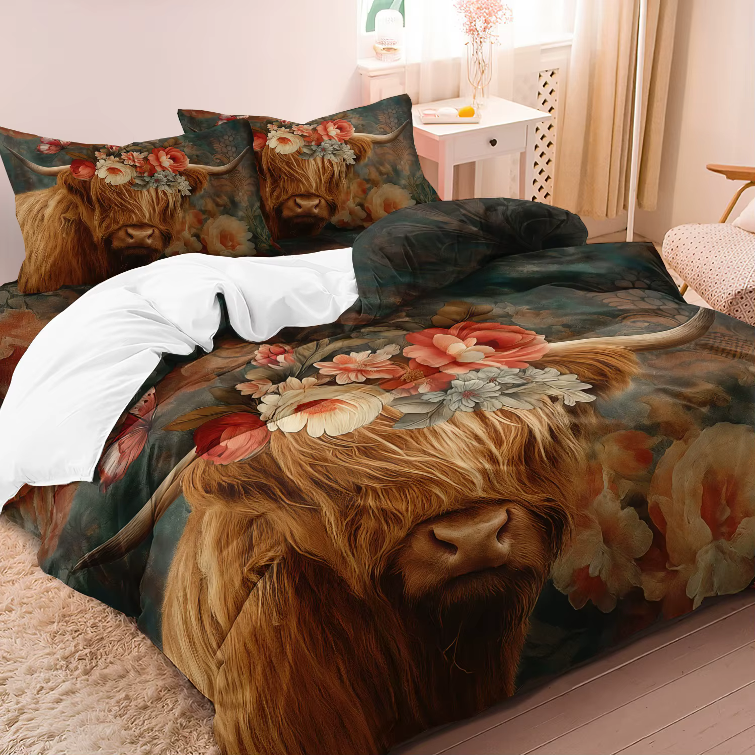Juego de cama suave de 3 piezas con estampado de vaca Highland, incluye 1 funda nórdica y 2 fundas de almohada, decoración de dormitorio para todas las estaciones — imagen 5