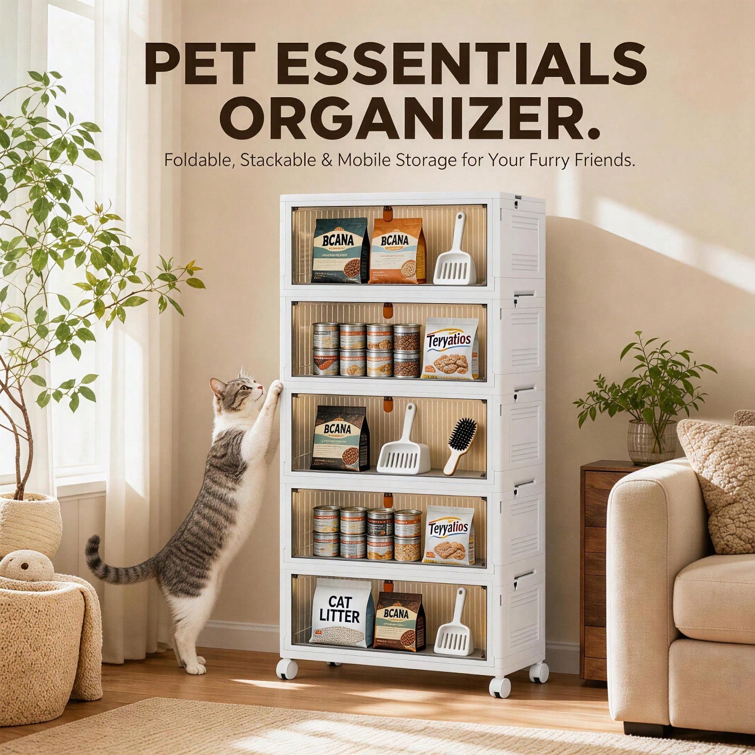 Almacenamiento Portátil y Plegable para Suministros de Mascotas con Ruedas, Puerta Magnética y Organizador Colapsable para Juguetes, Alimentos, Herramientas de Aseo y Más — imagen 1