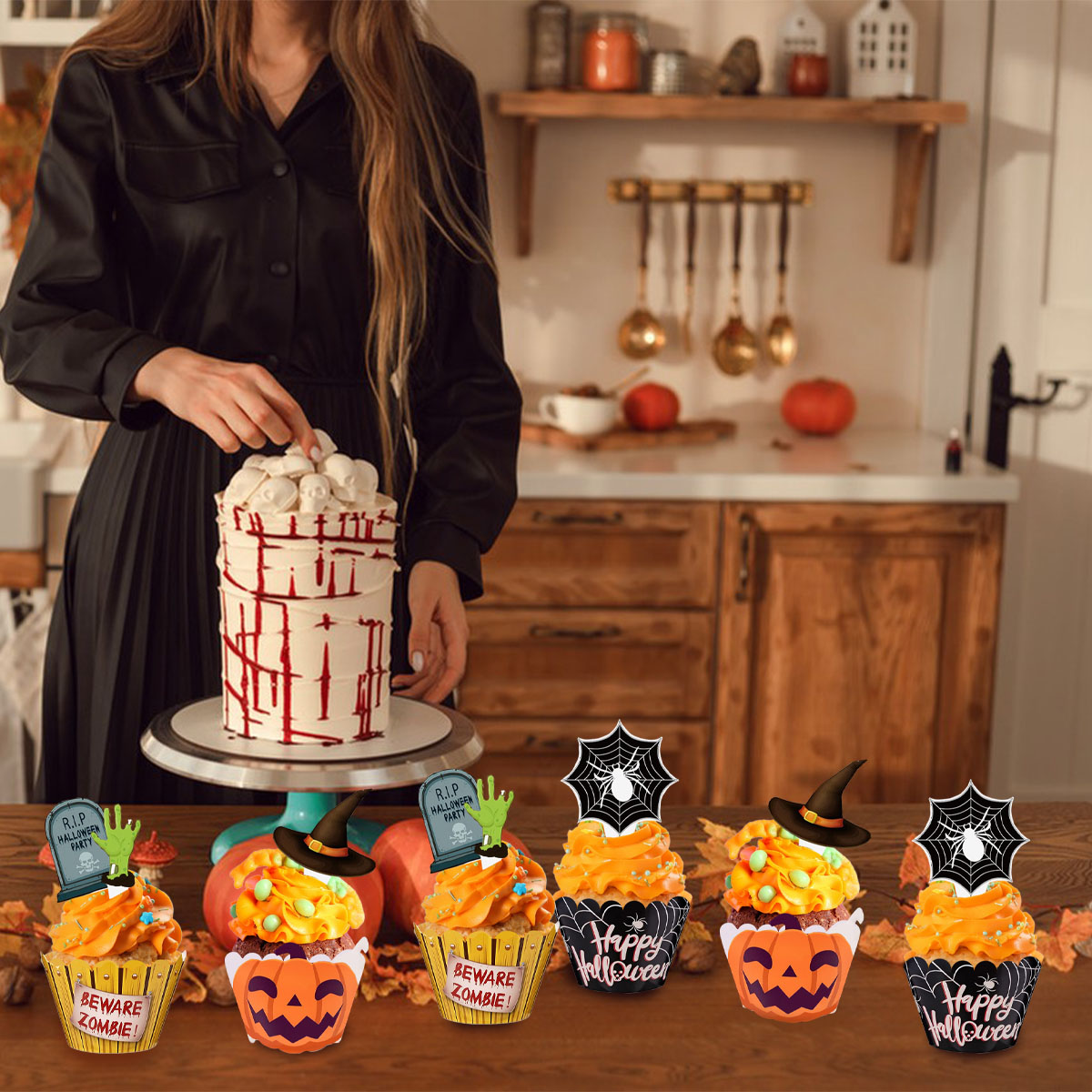 Set de 48 Piezas Decoración de Cupcakes de Halloween, Diseño de Mano de Zombi, Sombrero de Bruja, Telaraña y Lápidas, 3 Estilos de Picks y Envolturas Feliz Halloween — imagen 2