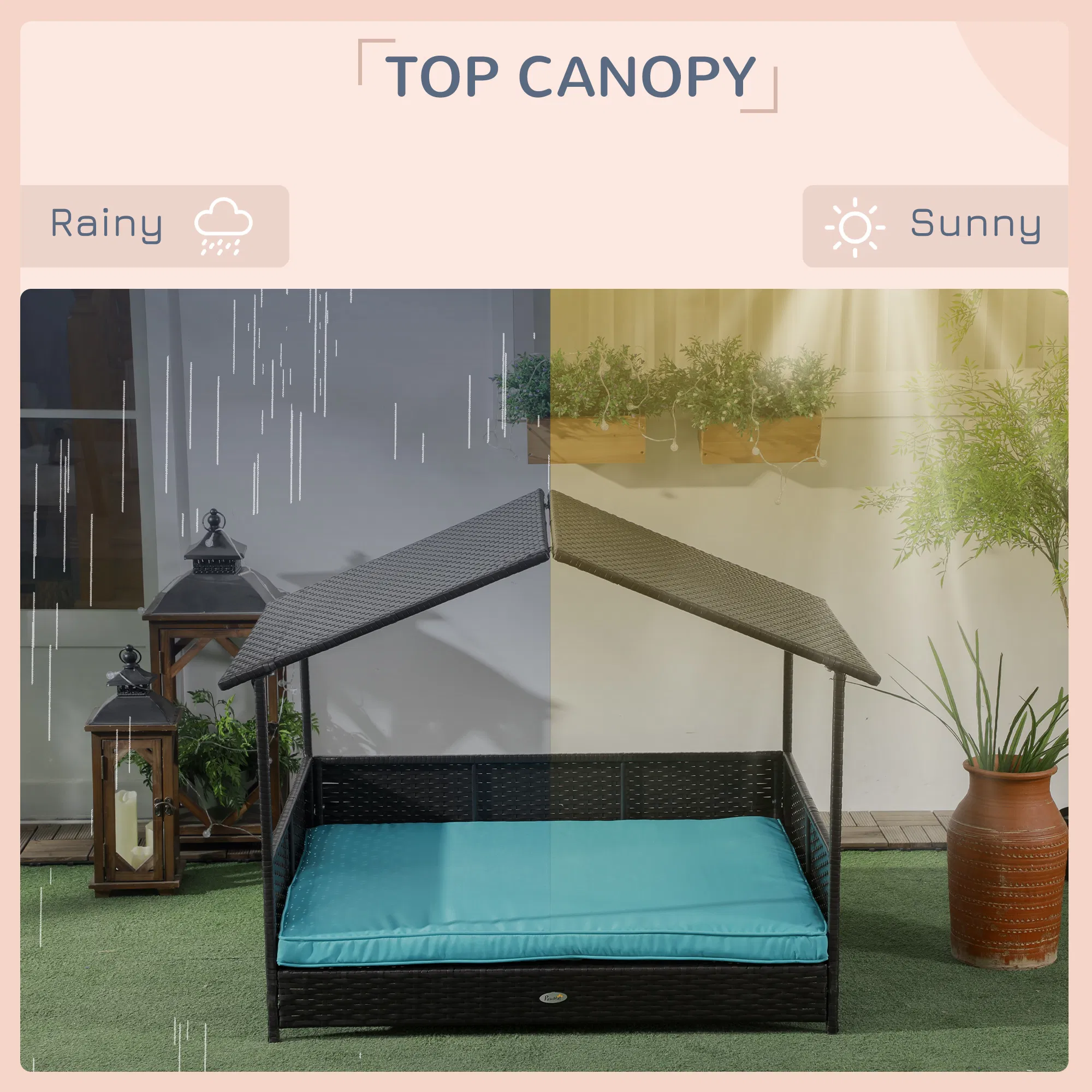 Outdoor Dog House Wicker Dog Bed with Soft Cushion Washable Cover, for Medium Large Dogs Indoor Outdoor, Blue — image 4