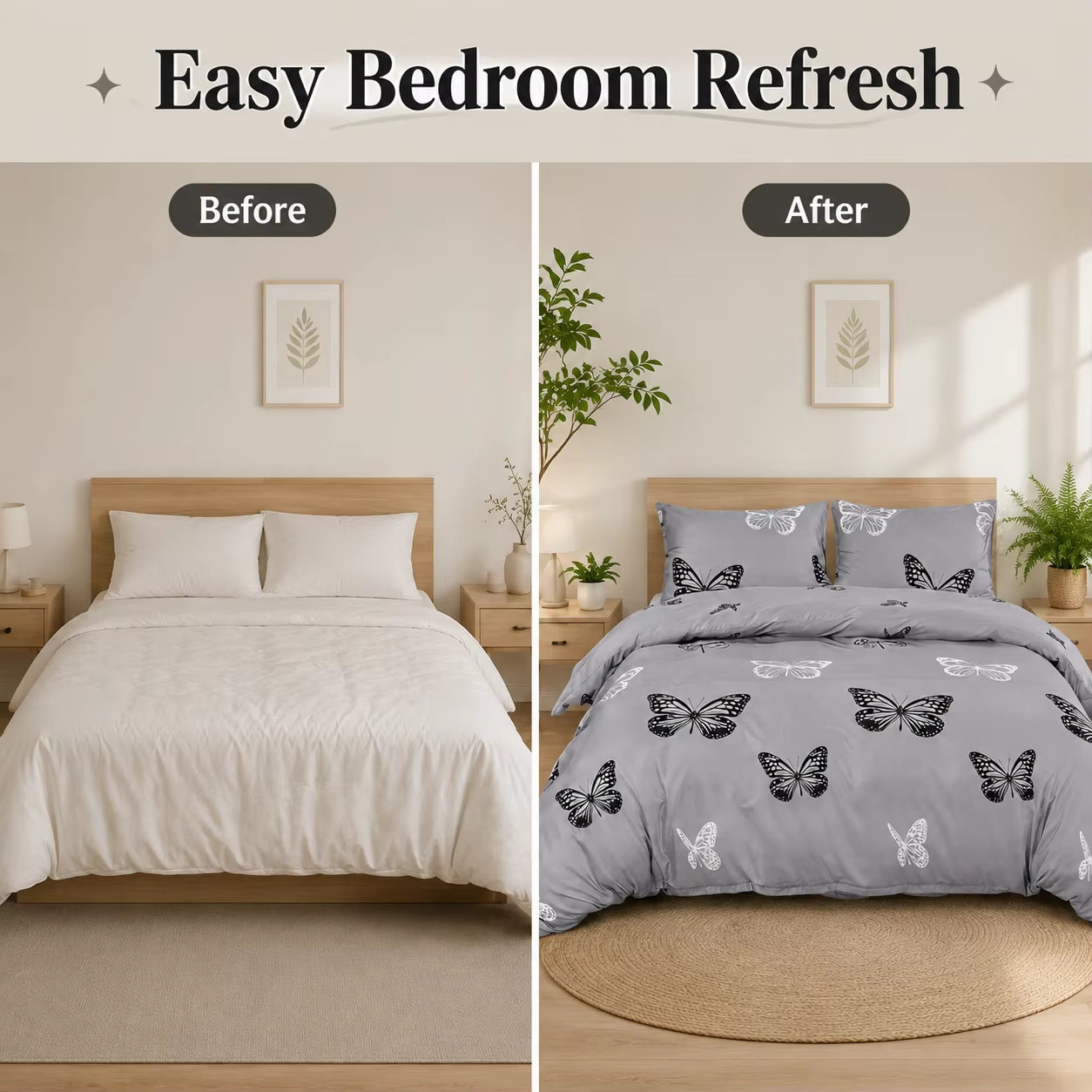 3Pcs Gray Butterfly Duvet Cover Set Soft Bedding Set with Pillowcases, Black White Butterfly Bed Cover for Girls Teens Queen King Twin Full — image 2