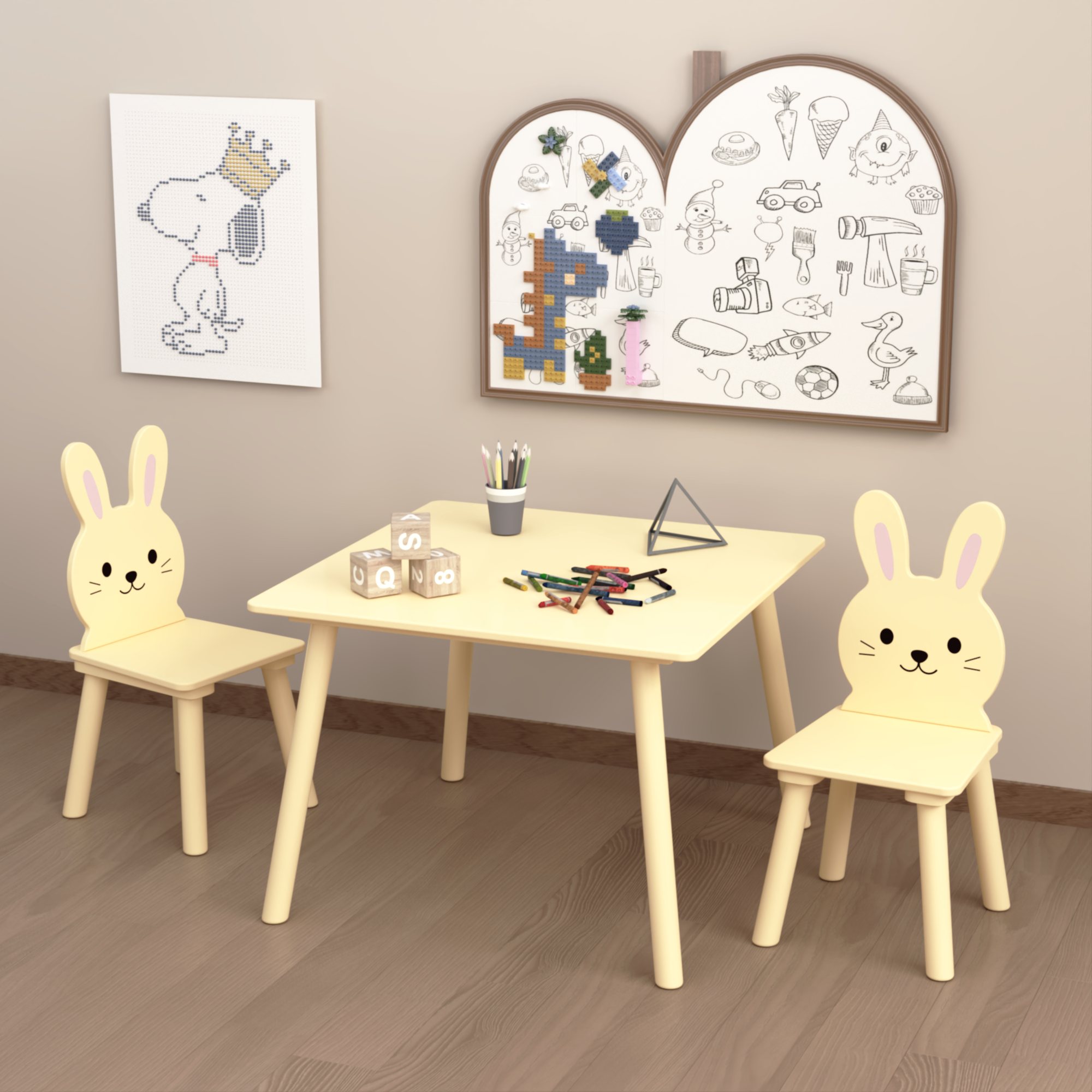 Conjunto de Mesa y Silla para Niños con 2 Sillas de Conejo, Mesa de Actividades de Madera para Bebés con Diseño Animales Adorables para Habitación de Juegos, Dormitorio o Aula - Amarillo Crema — imagen 5