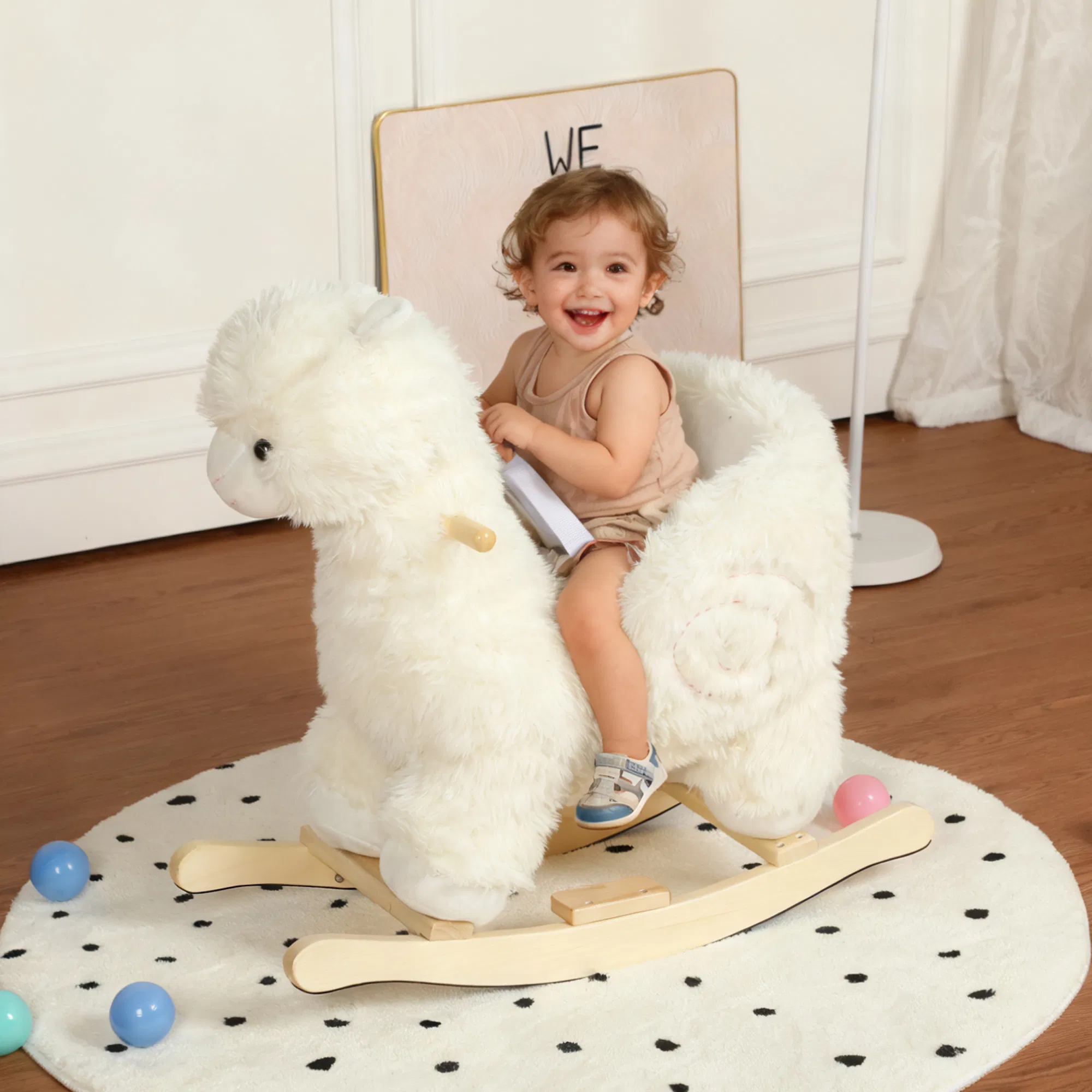 Kids Ride-On Rocking Horse Toy with Lullaby Song, Alpaca Rocking Toy with Hand Puppets and Safety Belt For Children 1-3 Years, Soft Plush Fabric, White — image 7
