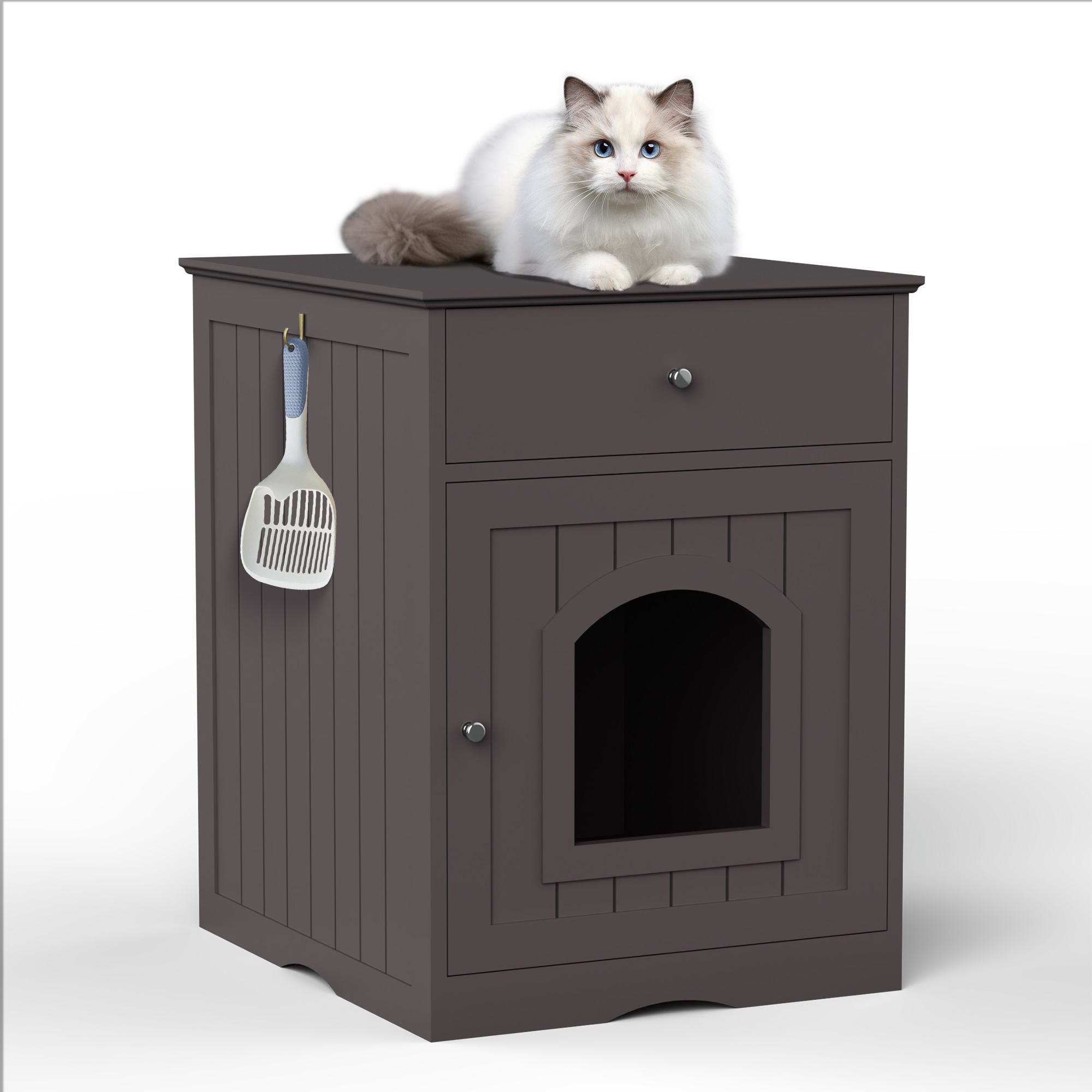 Casa de Madera para Mascotas con Caja de Arena y Cajón, Mesa Lateral, Jaula para Interior, Hogar para Gatos Noche, Marrón — imagen 1