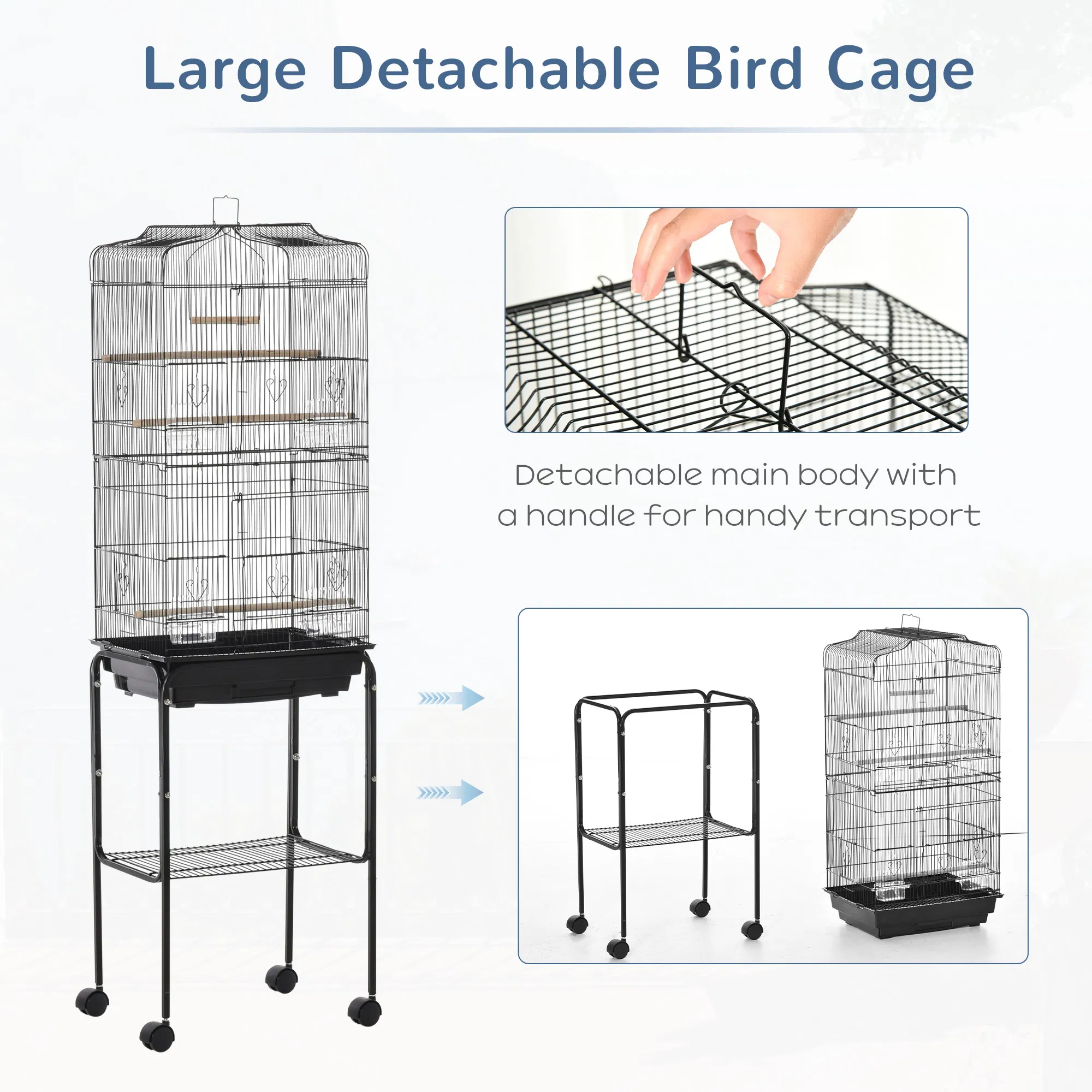 62" Rolling Bird Cage Cockatoo House Play Top Finch Pet Supply with Storage Shelf, Wheels - Black — image 6